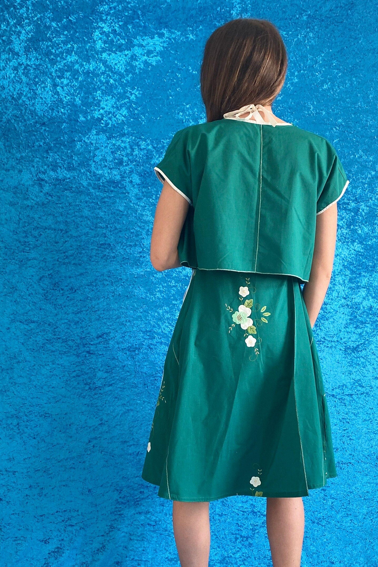 Vintage Bohemian 1970s Floral Embroidered two piece Dress & matching jacket.