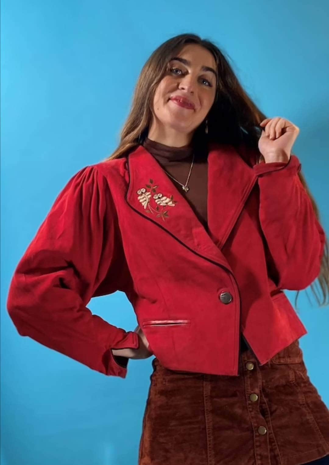 Vintage Red Suede Embroidered Owl Jacket.