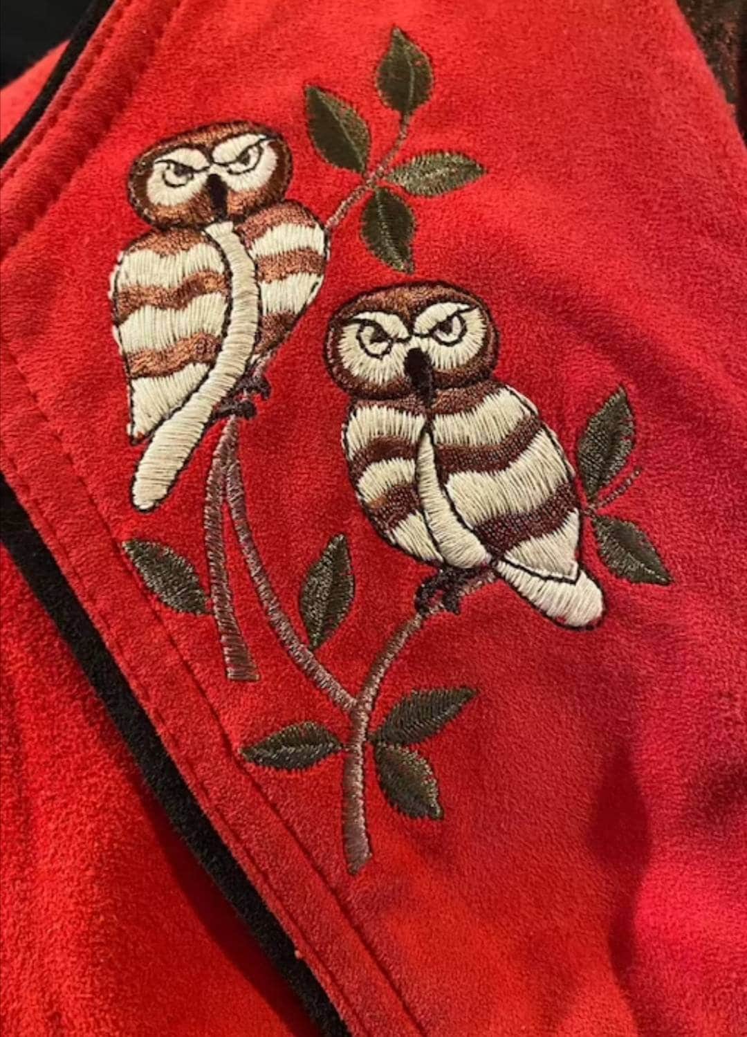 Vintage Red Suede Embroidered Owl Jacket.