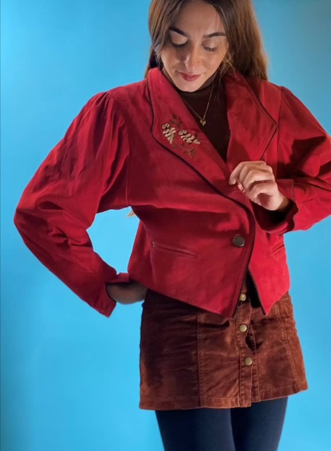 Vintage Red Suede Embroidered Owl Jacket.