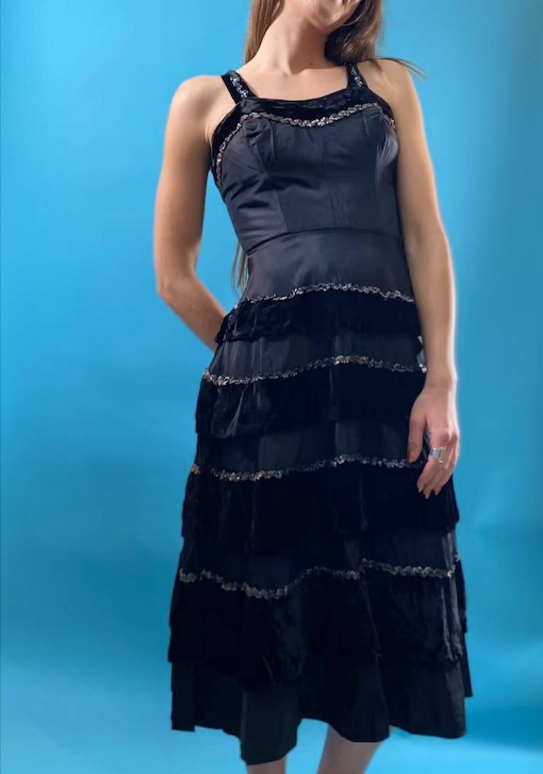 Vintage Revival Amazing 1970s Velvet Frill Evening Dress.