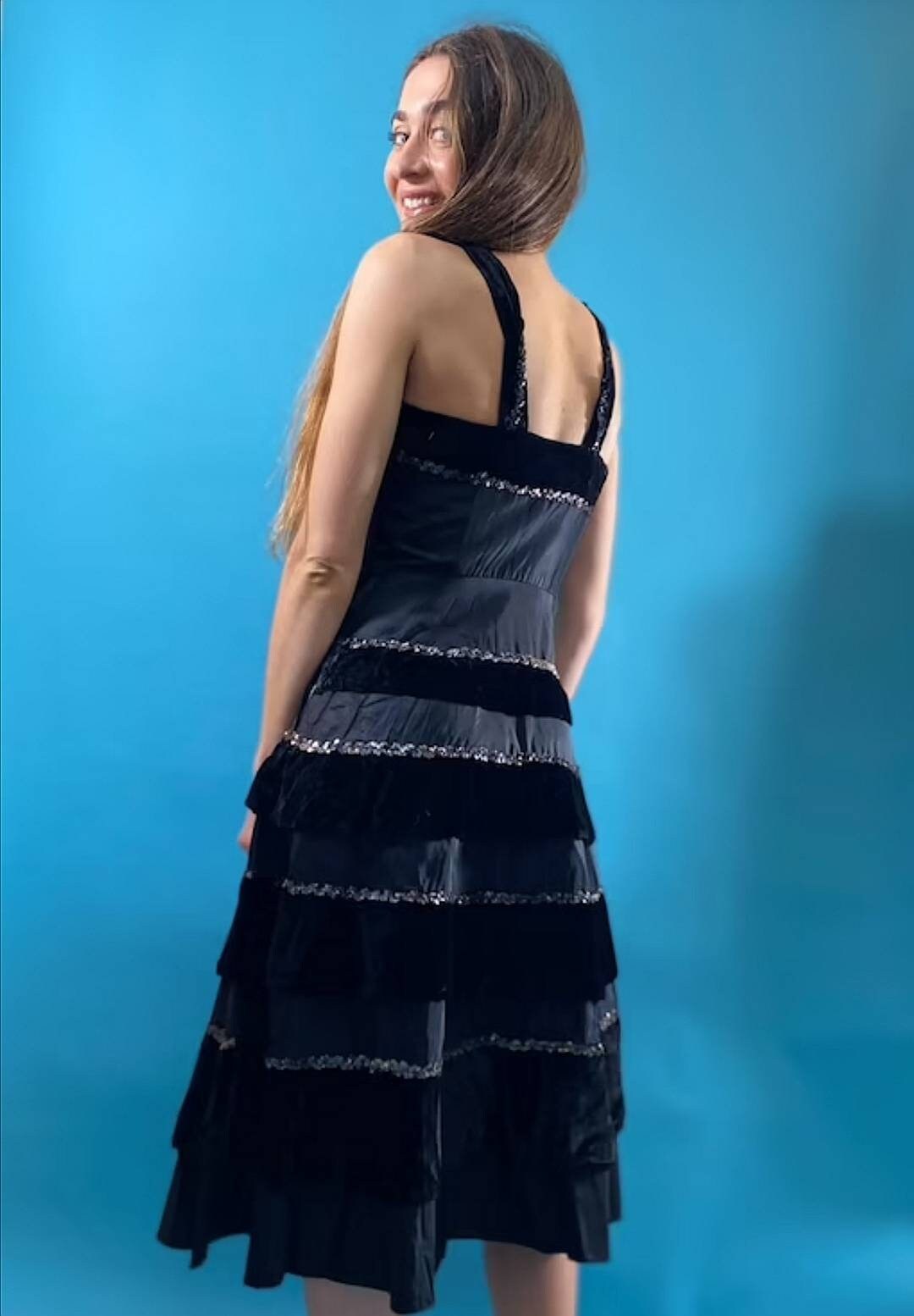 Vintage Revival Amazing 1970s Velvet Frill Evening Dress.