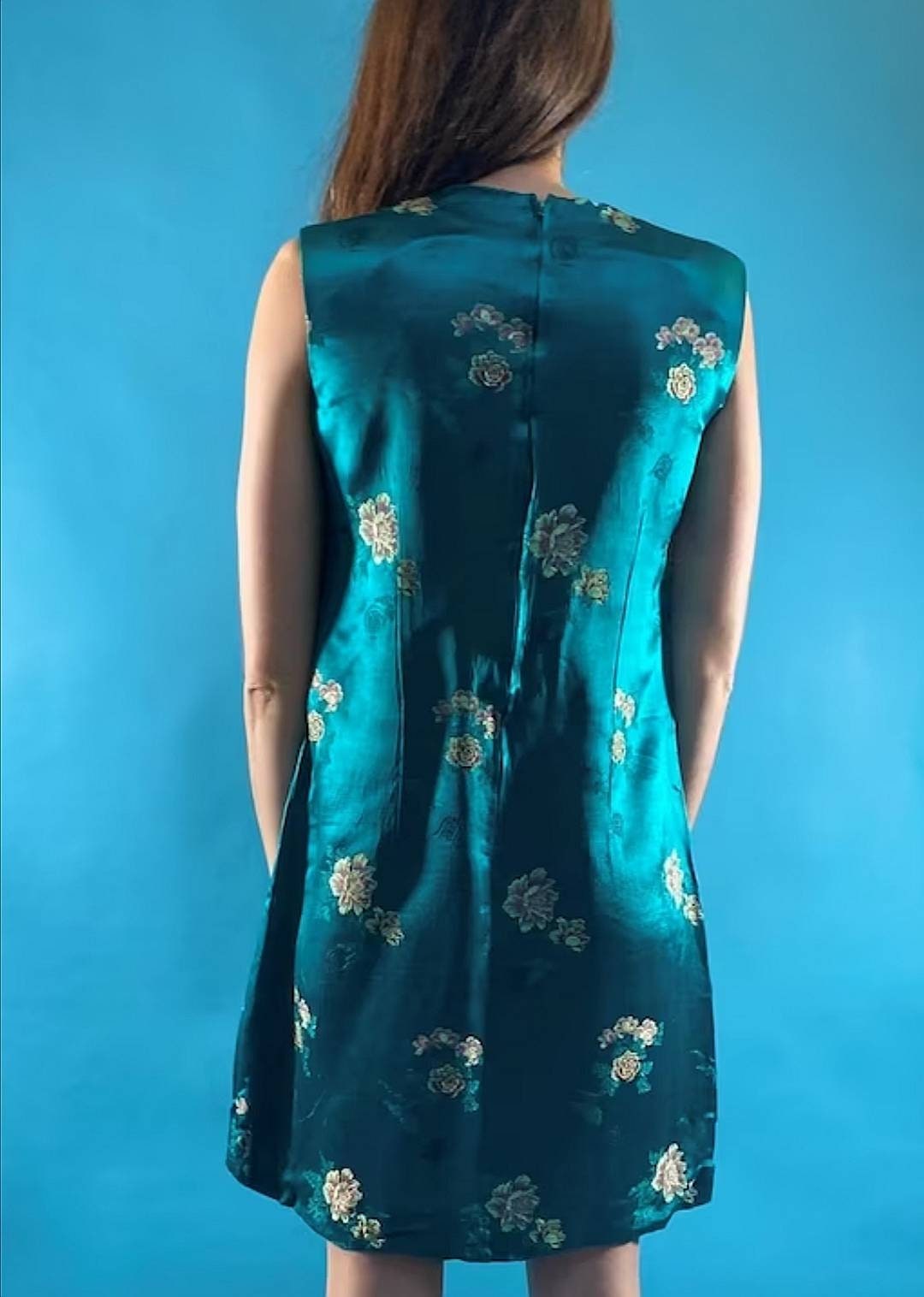 Vintage Revival Chinoiserie Satin Blue Dress.