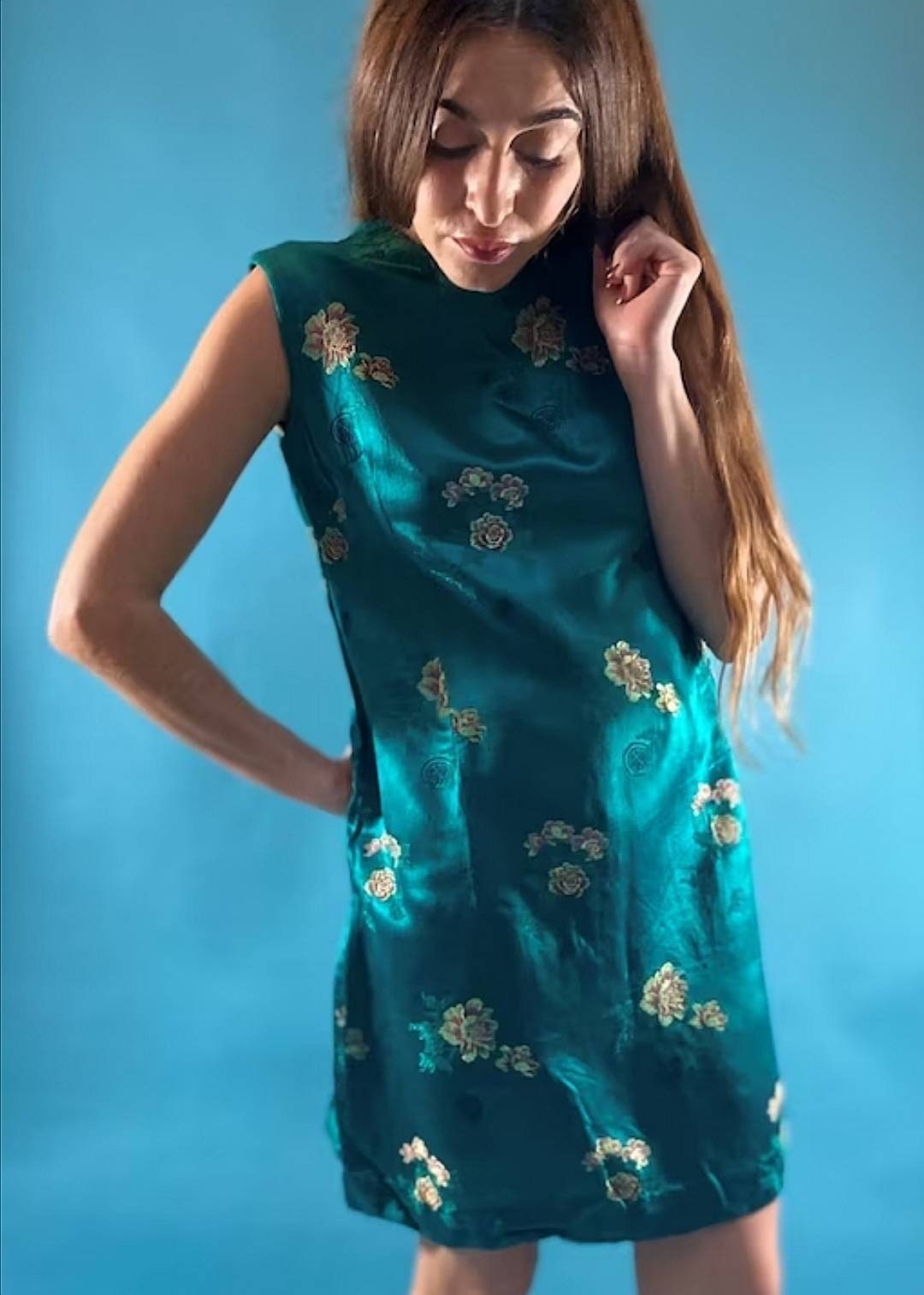 Vintage Revival Chinoiserie Satin Blue Dress.