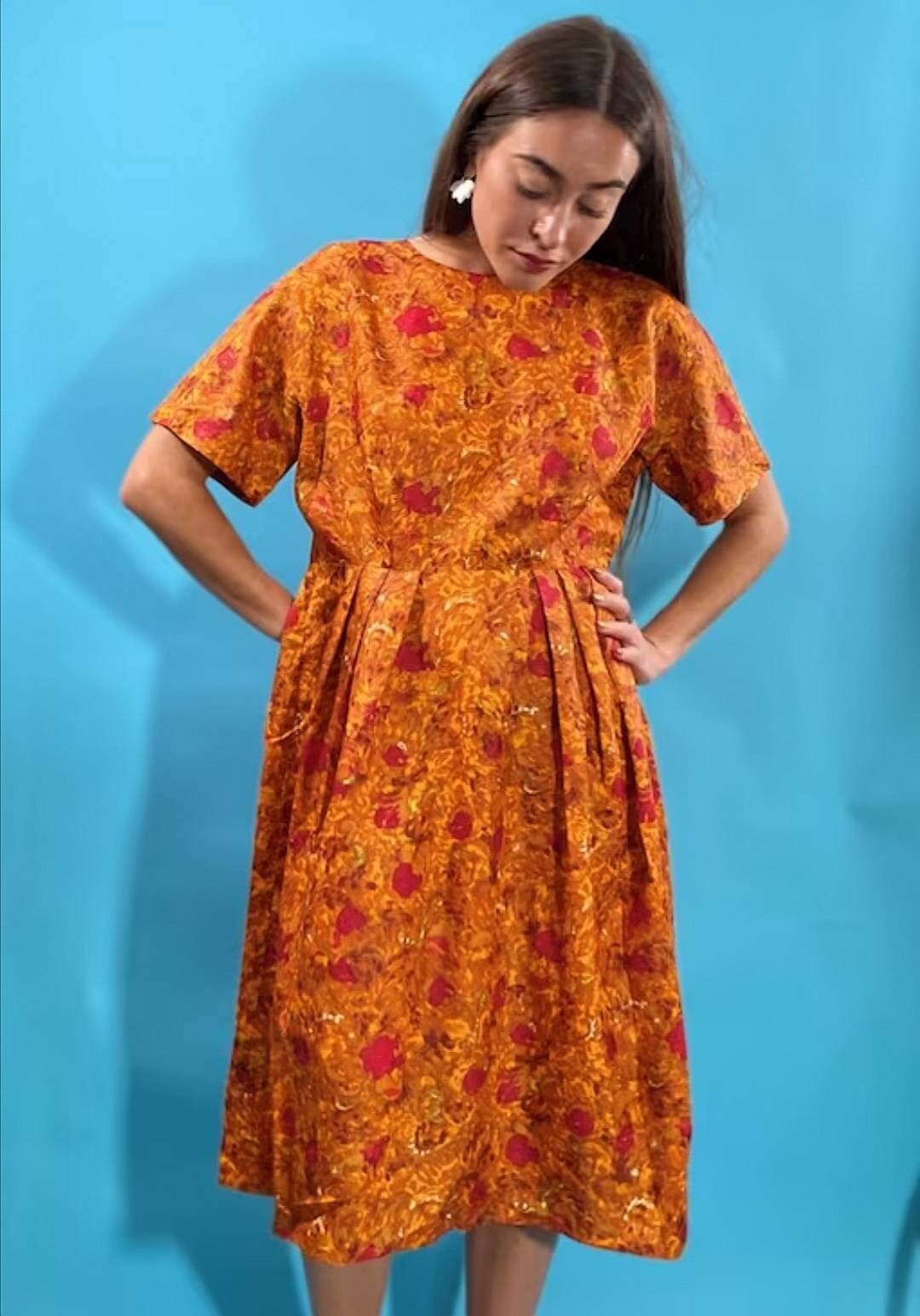 Vintage Revival 1950s Floral Printed Orange Dress.
