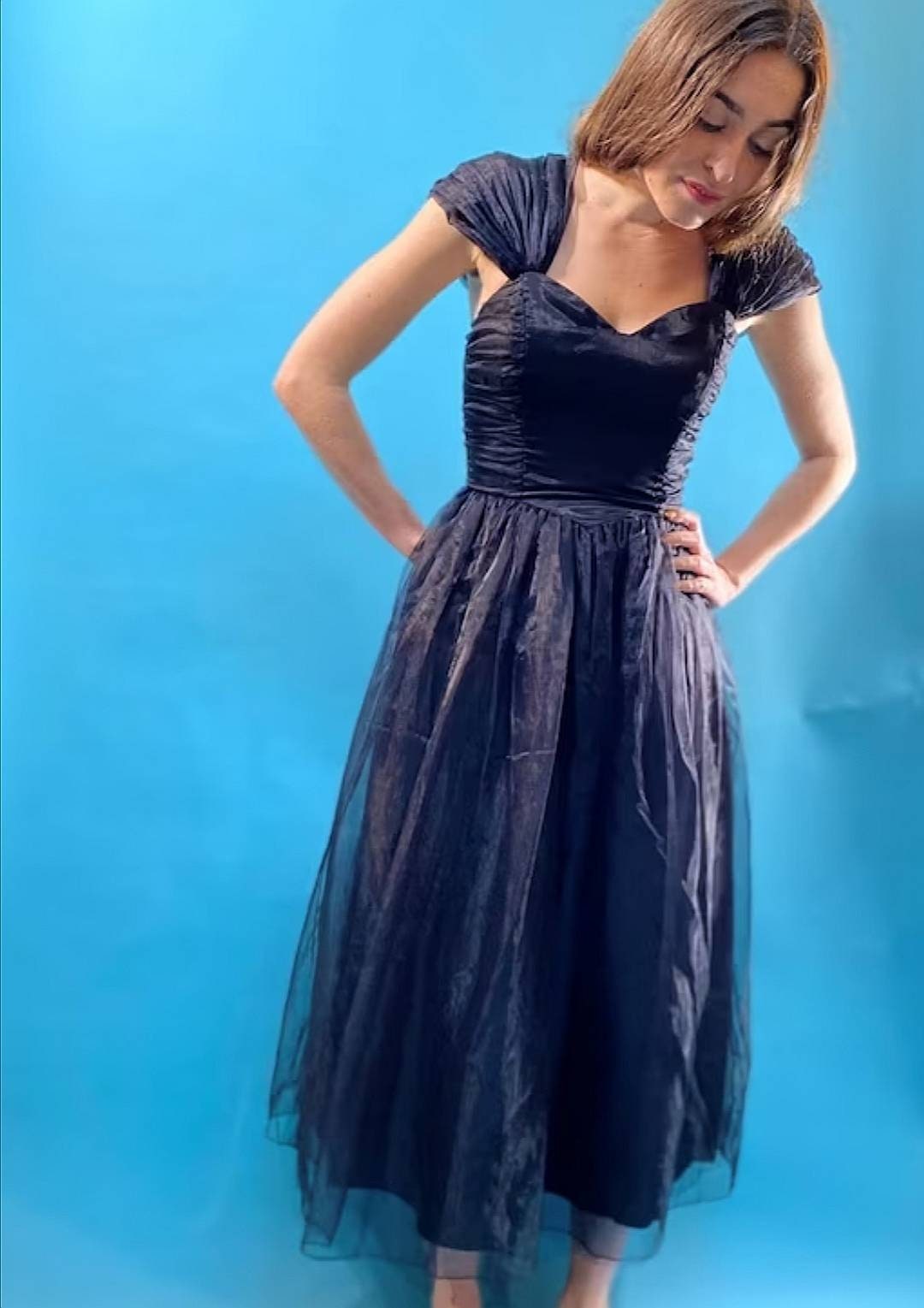 Vintage Revival 1980s Black Chiffon Cocktail Dress.