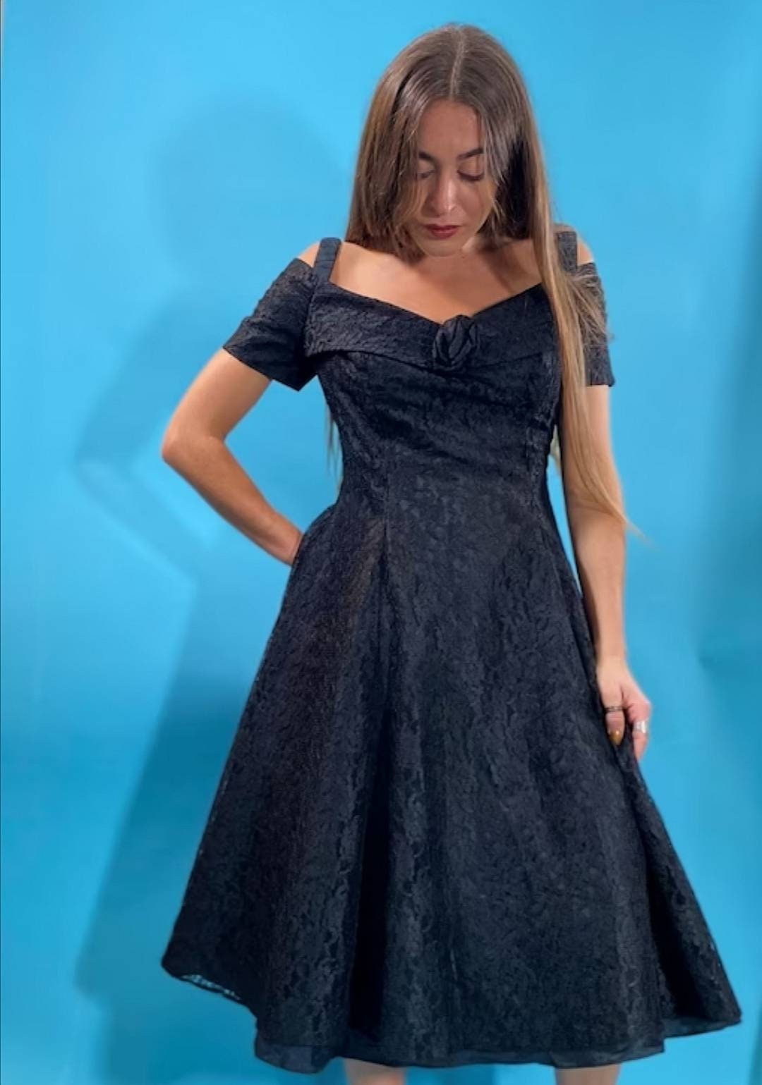 Vintage 1950s Full Lace Bardot Midi Dress.