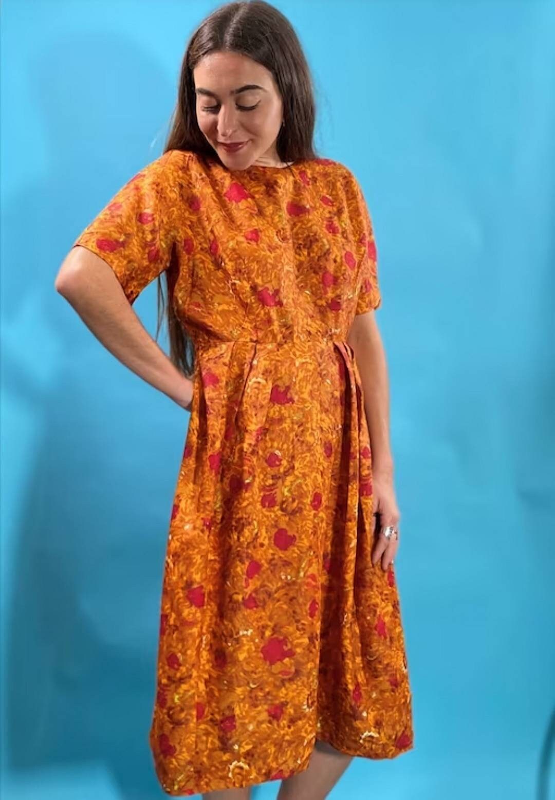 Vintage Revival 1950s Floral Printed Orange Dress.