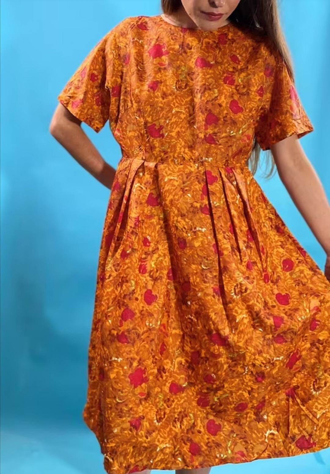 Vintage Revival 1950s Floral Printed Orange Dress.