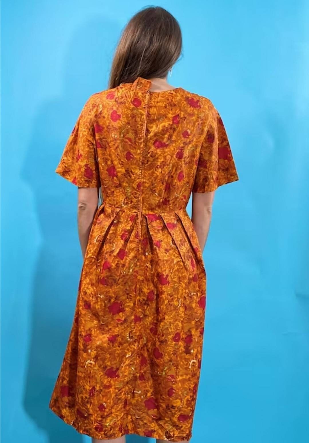 Vintage Revival 1950s Floral Printed Orange Dress.
