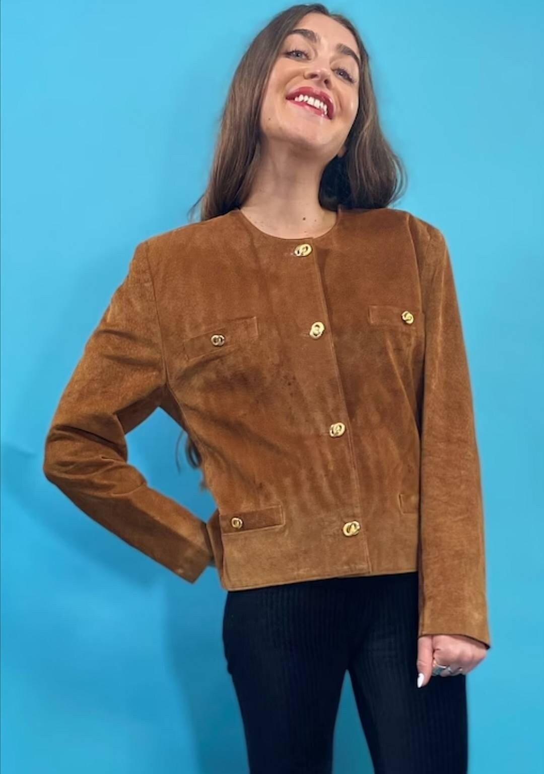 Vintage 90s Brown Suede Jacket with Gold Buttons.