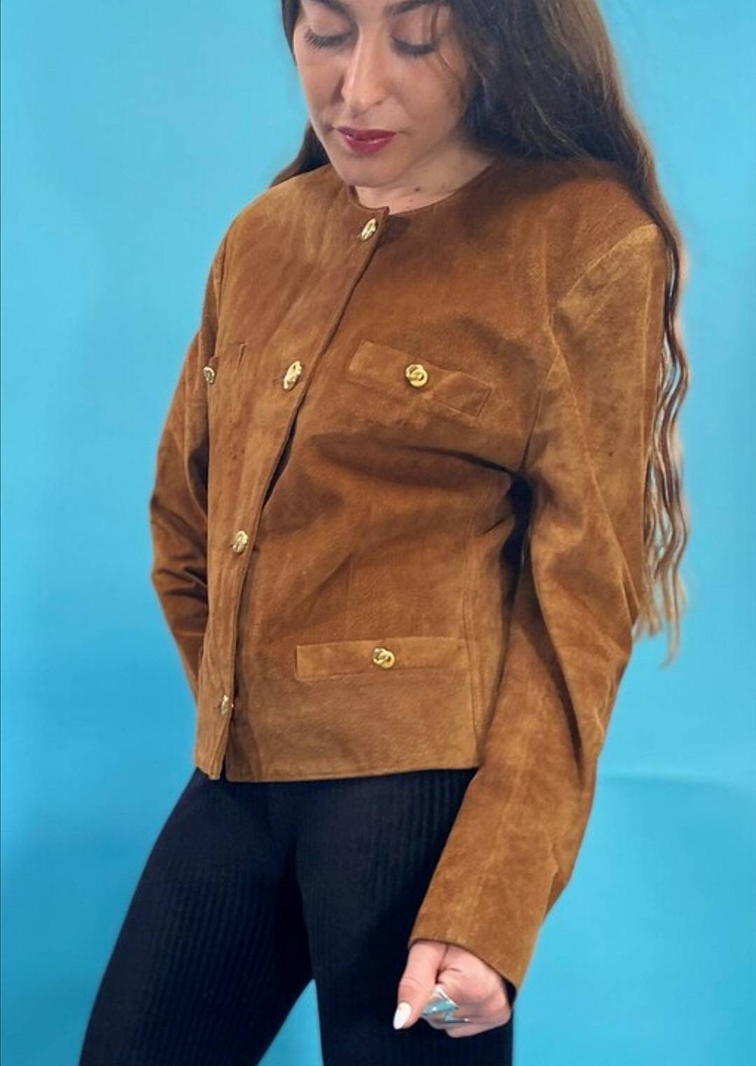 Vintage 90s Brown Suede Jacket with Gold Buttons.
