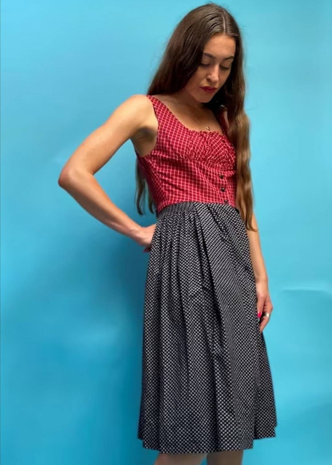 Vintage Tartan Bodice and Floral Printed Skirt Dress.