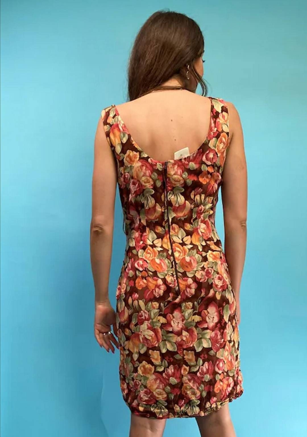 Vintage Brown Orange and Pink Floral Dress with Wrap Detail.