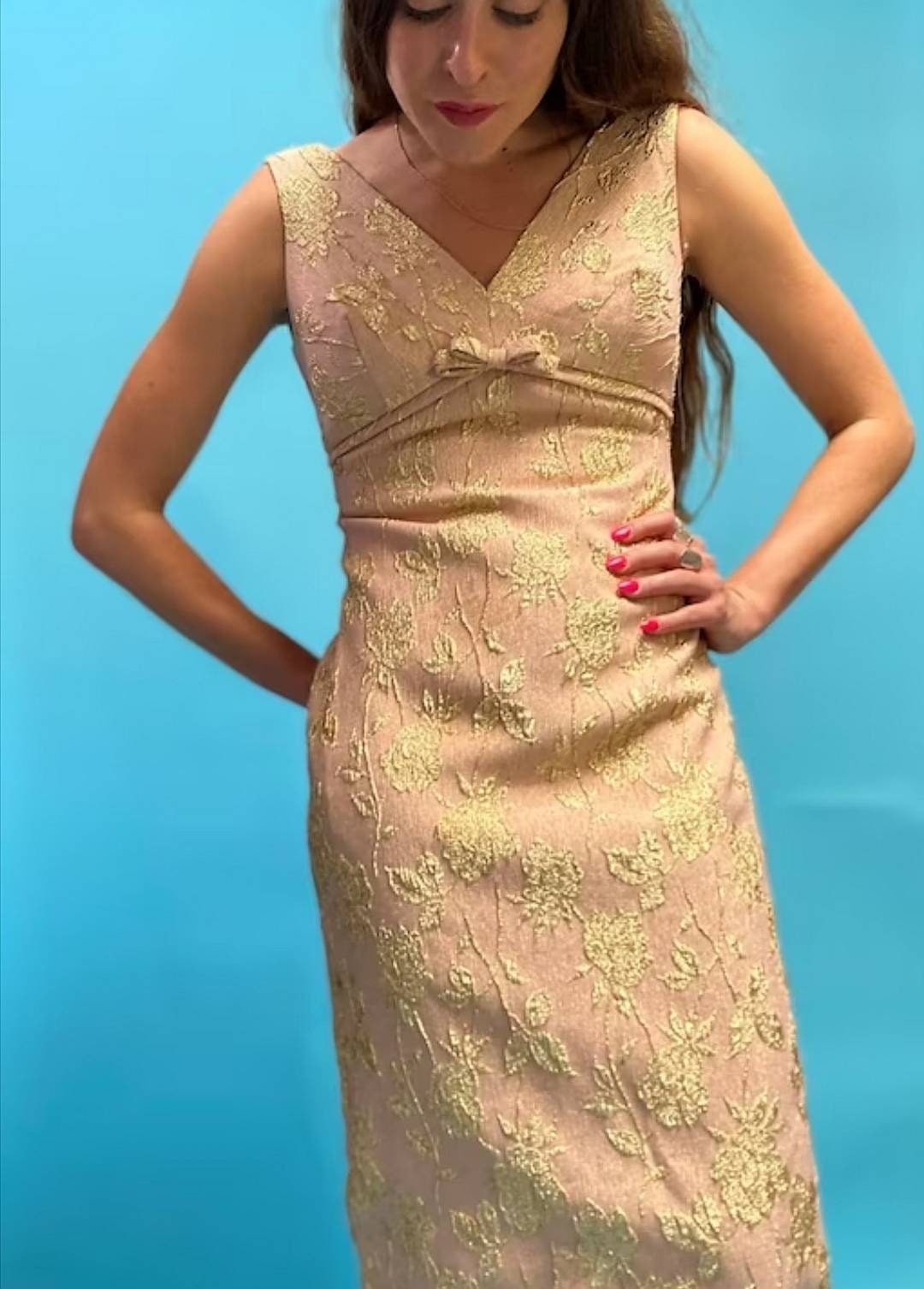 Vintage 1960s Pink Blush and Gold Brocade Empire Maxi Dress.