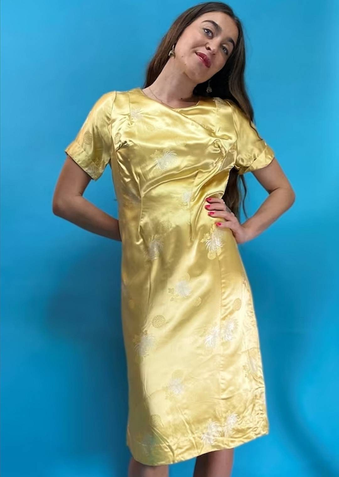 Vintage Chinoiserie Silky Jacquard Gold Dress.