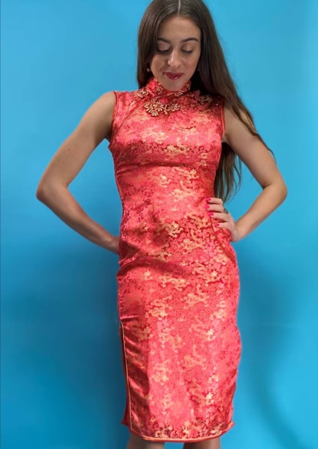 Vintage Orange Red Chinoiserie Jacquard Mid Length Dress.