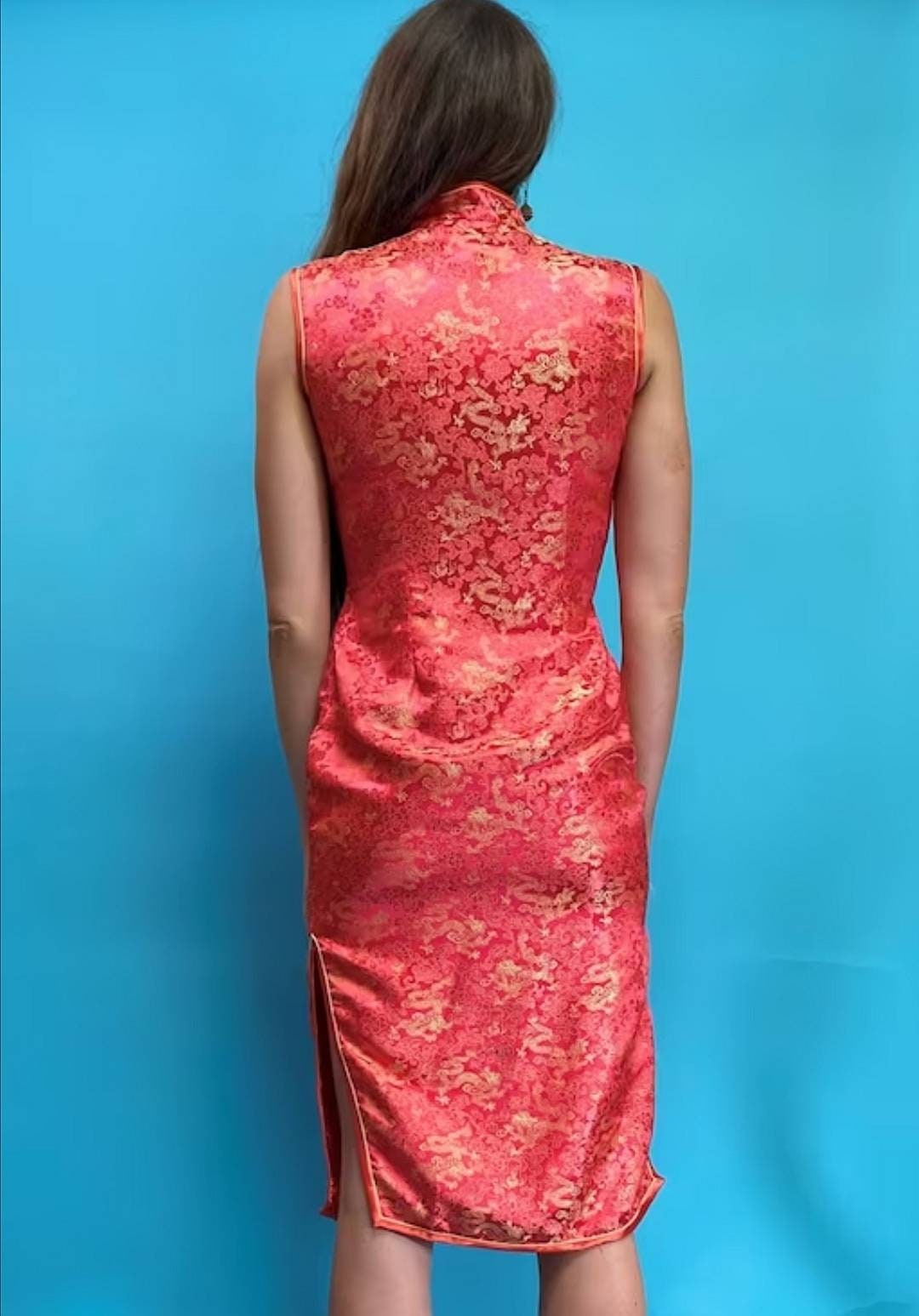Vintage Orange Red Chinoiserie Jacquard Mid Length Dress.
