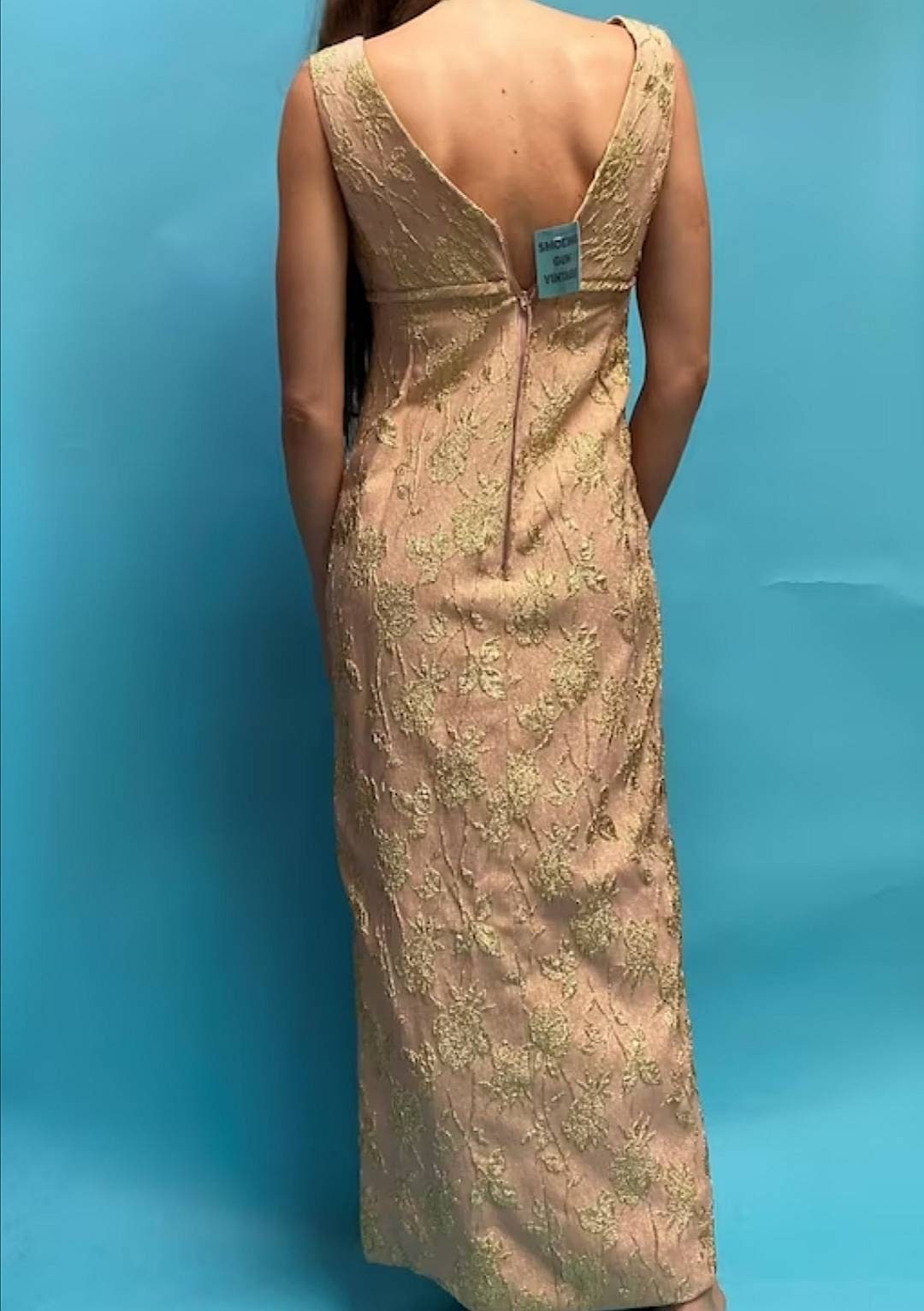 Vintage 1960s Pink Blush and Gold Brocade Empire Maxi Dress.