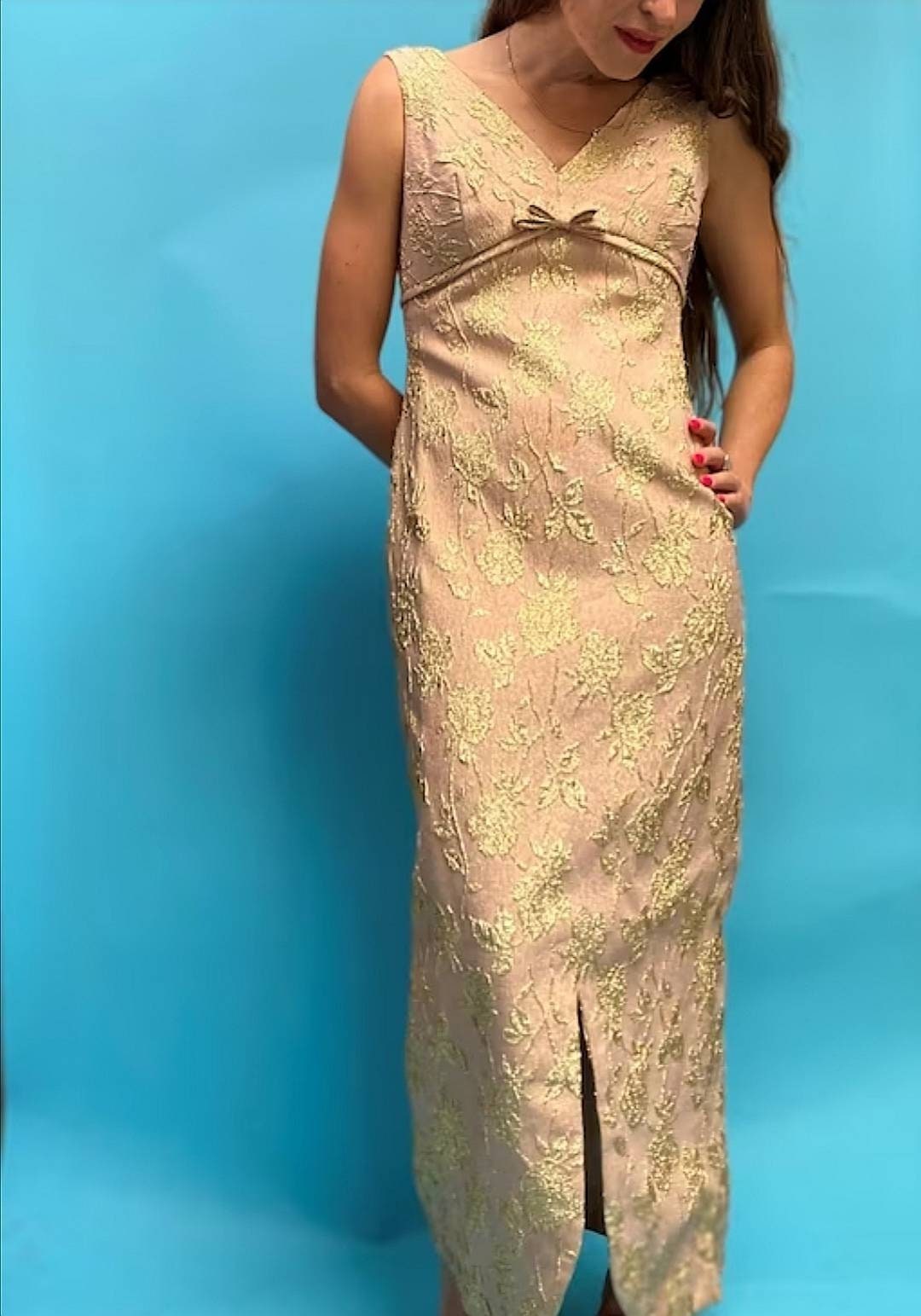 Vintage 1960s Pink Blush and Gold Brocade Empire Maxi Dress.