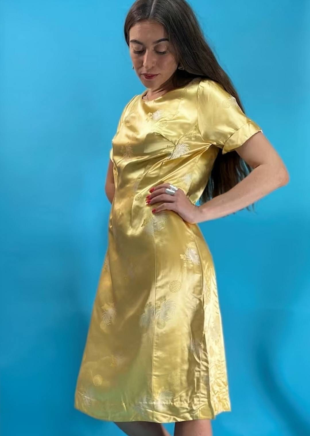 Vintage Chinoiserie Silky Jacquard Gold Dress.
