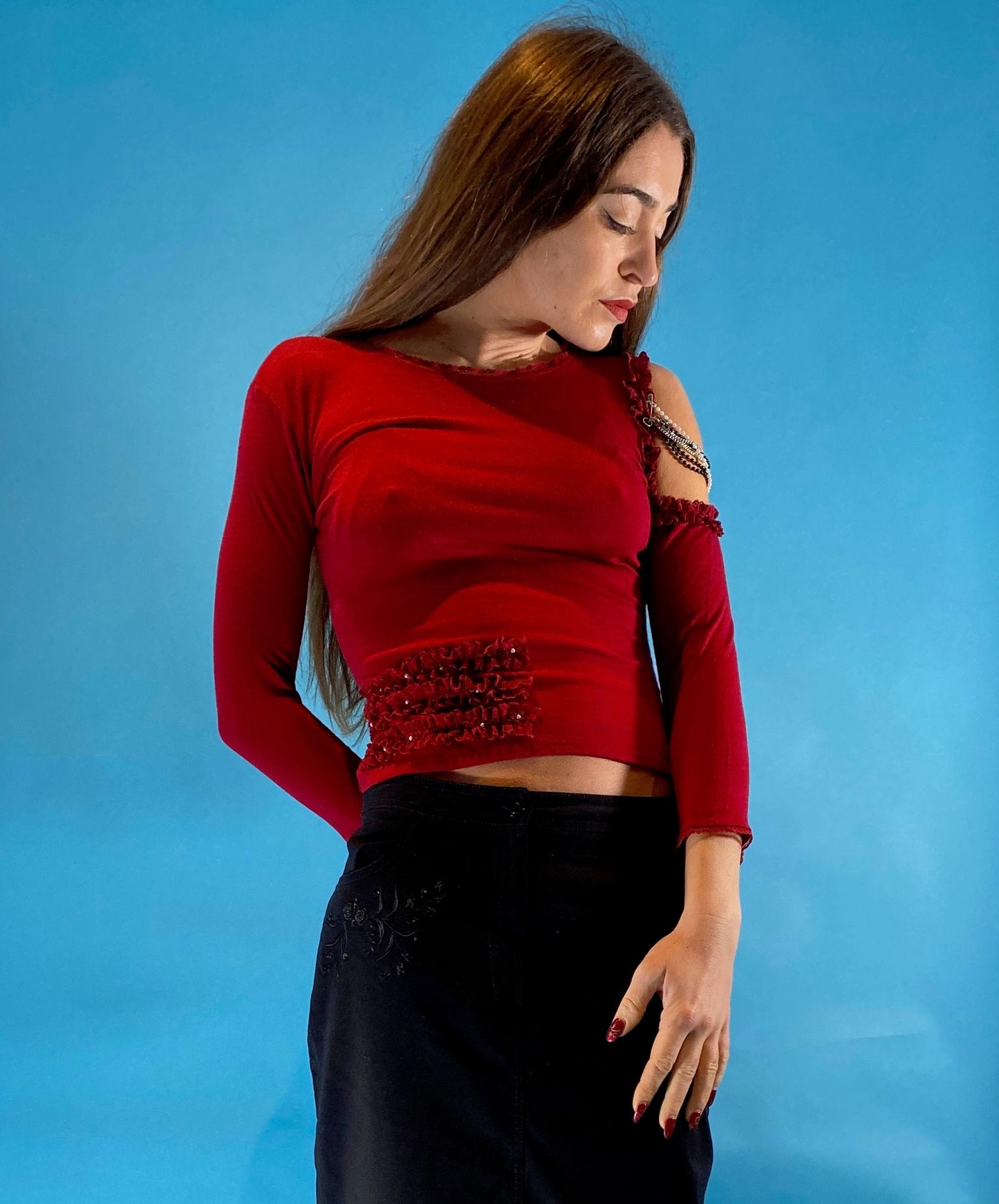 Y2K Red Asymmetrical Punk Top.