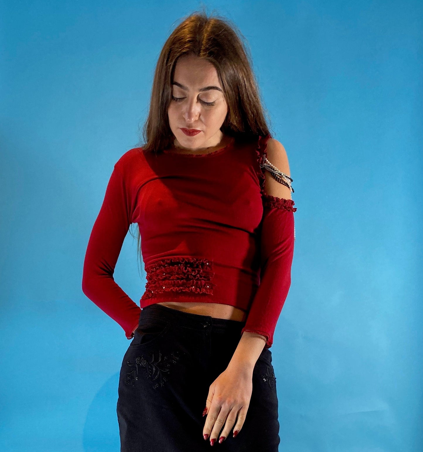 Y2K Red Asymmetrical Punk Top.