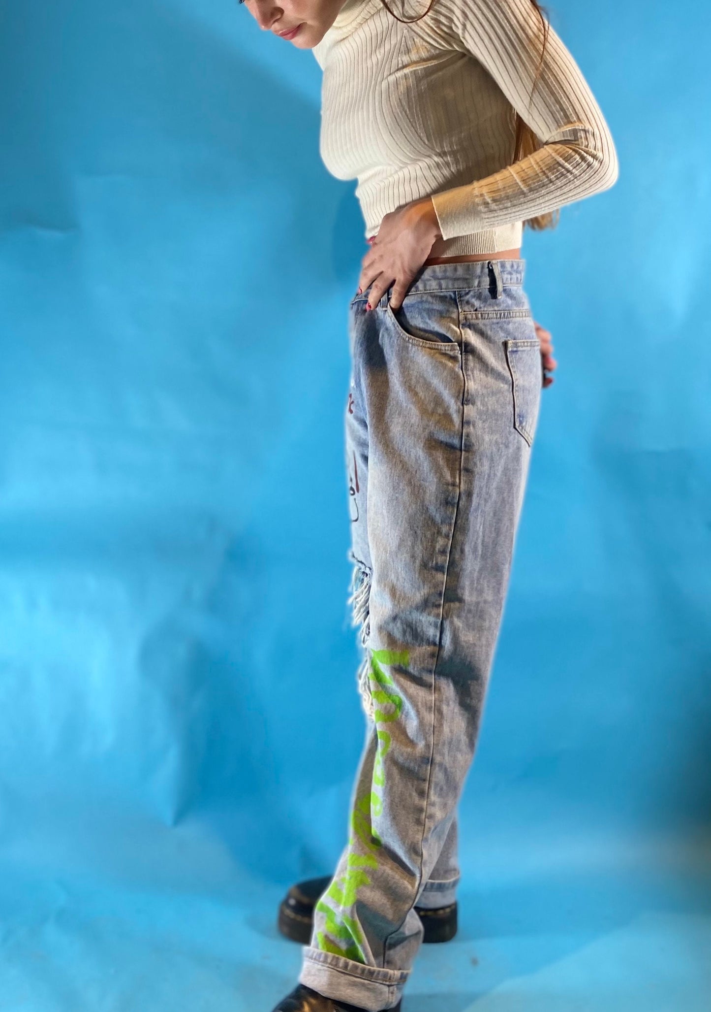 High Waisted Ghostbusters Print Customised Ripped Jeans W32 L30