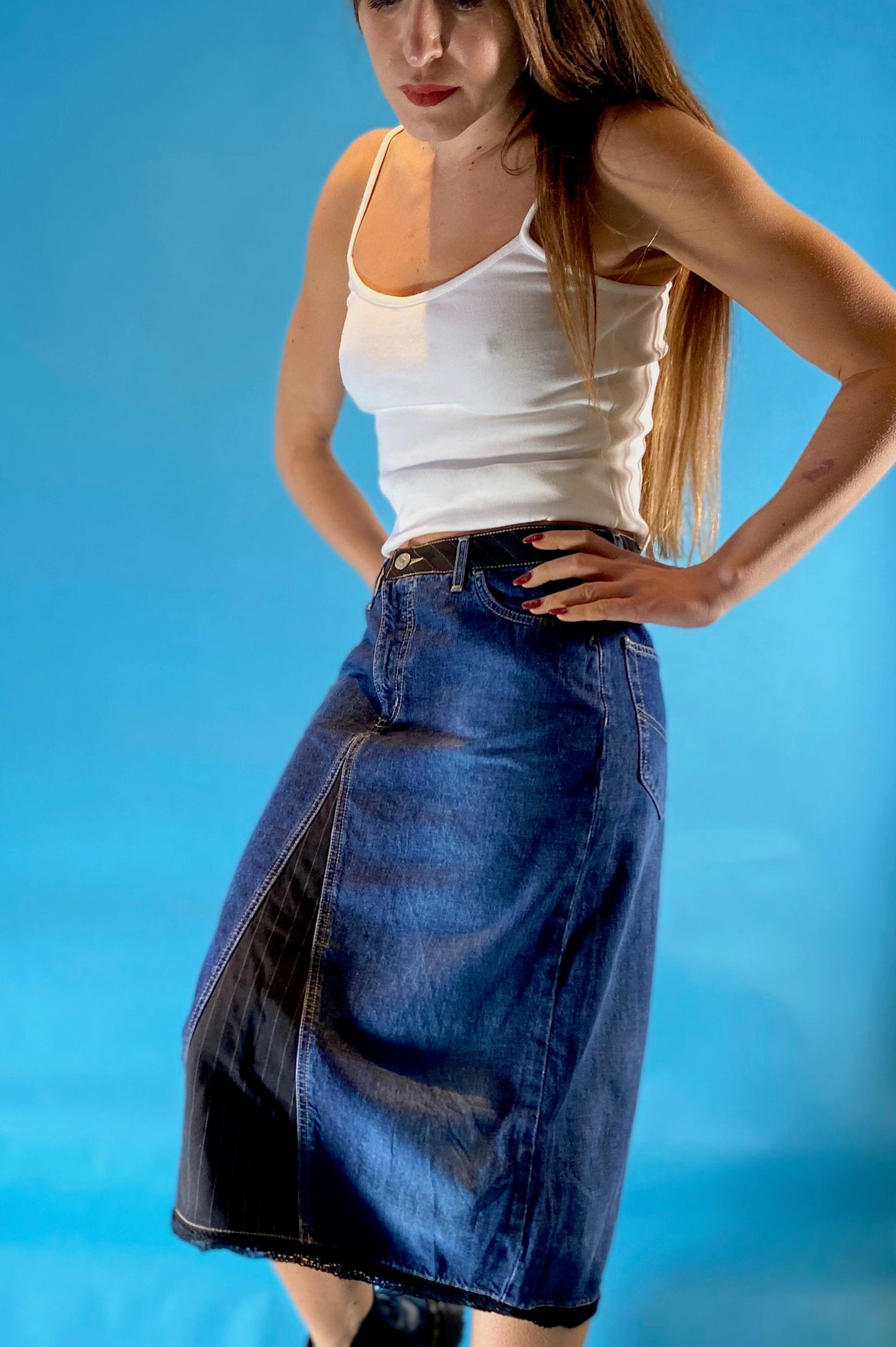 Vintage Y2K Denim Midi Skirt.
