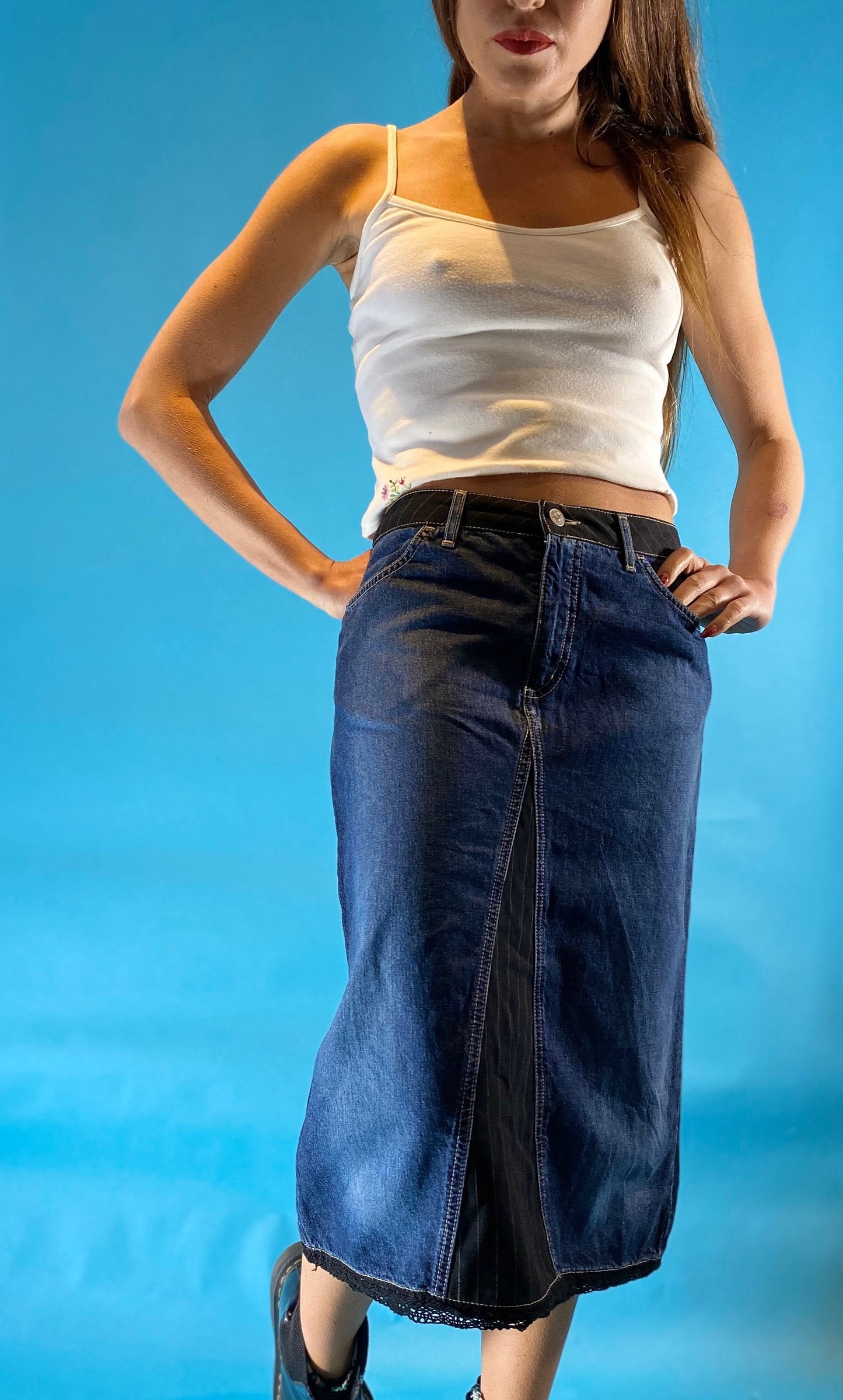 Vintage Y2K Denim Midi Skirt.