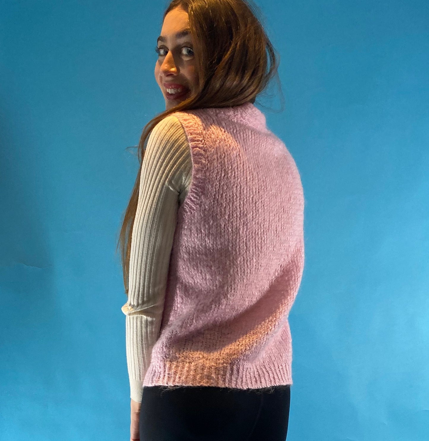 90s Vintage Baby Pink Wool Knitted Vest Waistcoat Cardigan UK 6 8