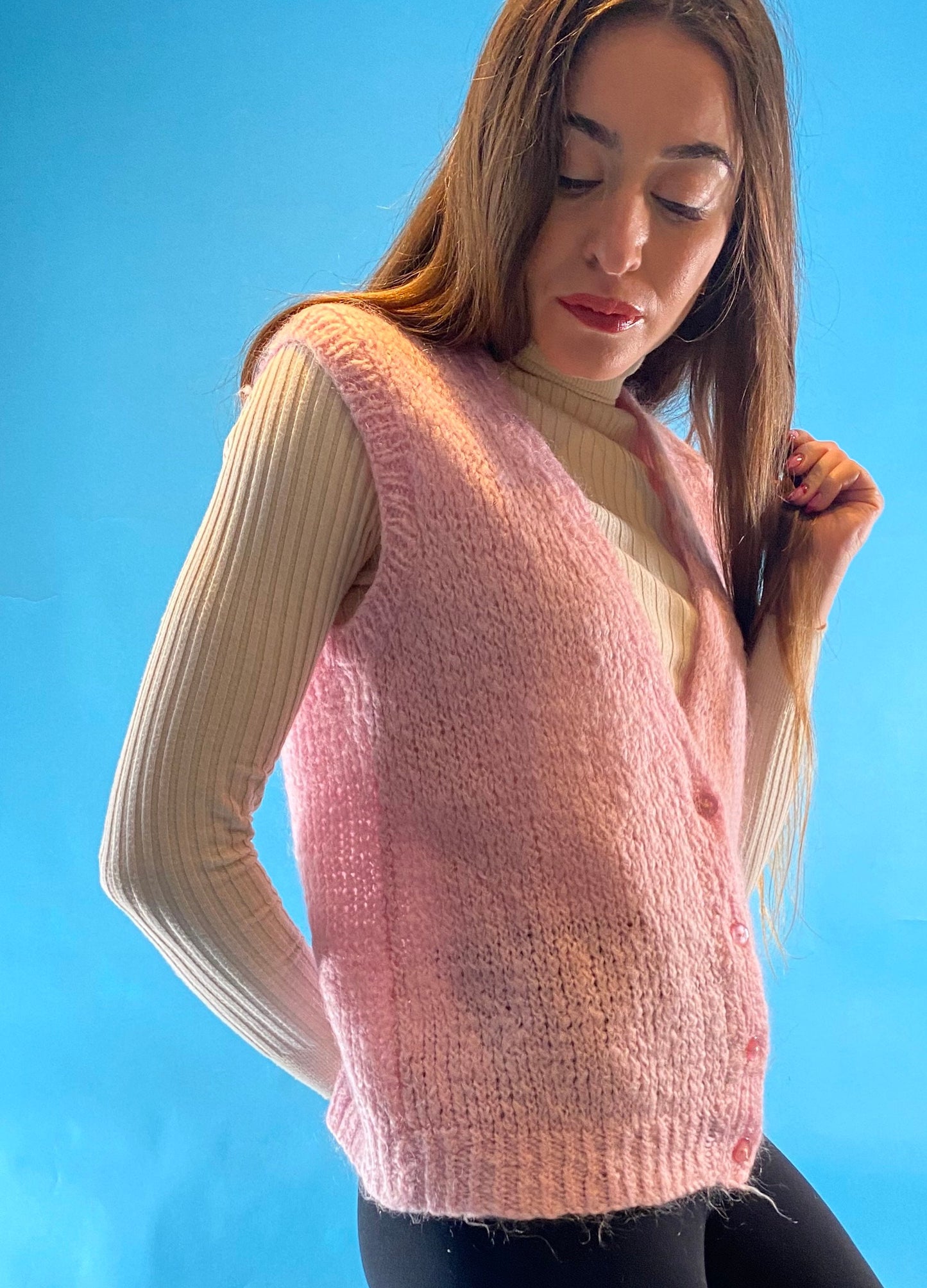 90s Vintage Baby Pink Wool Knitted Vest Waistcoat Cardigan UK 6 8