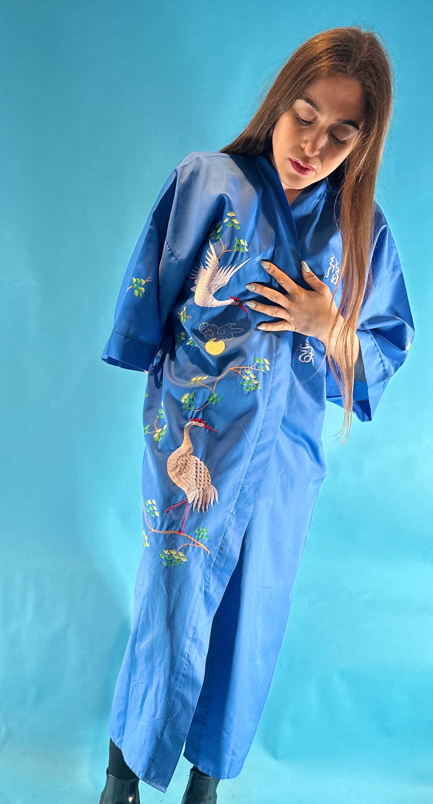 Vintage Blue Hand Embroidered Crane Kimono.