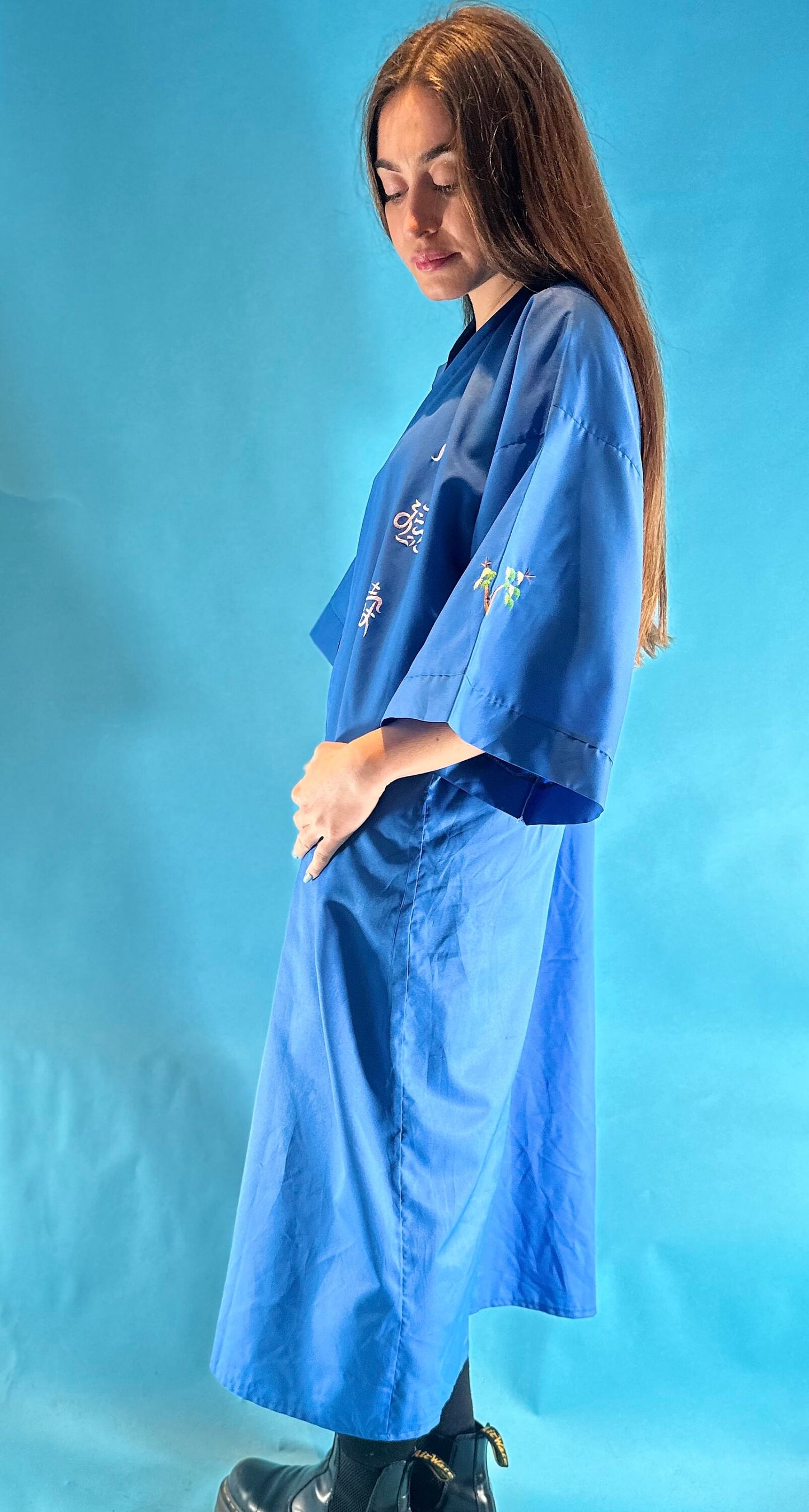 Vintage Blue Hand Embroidered Crane Kimono.