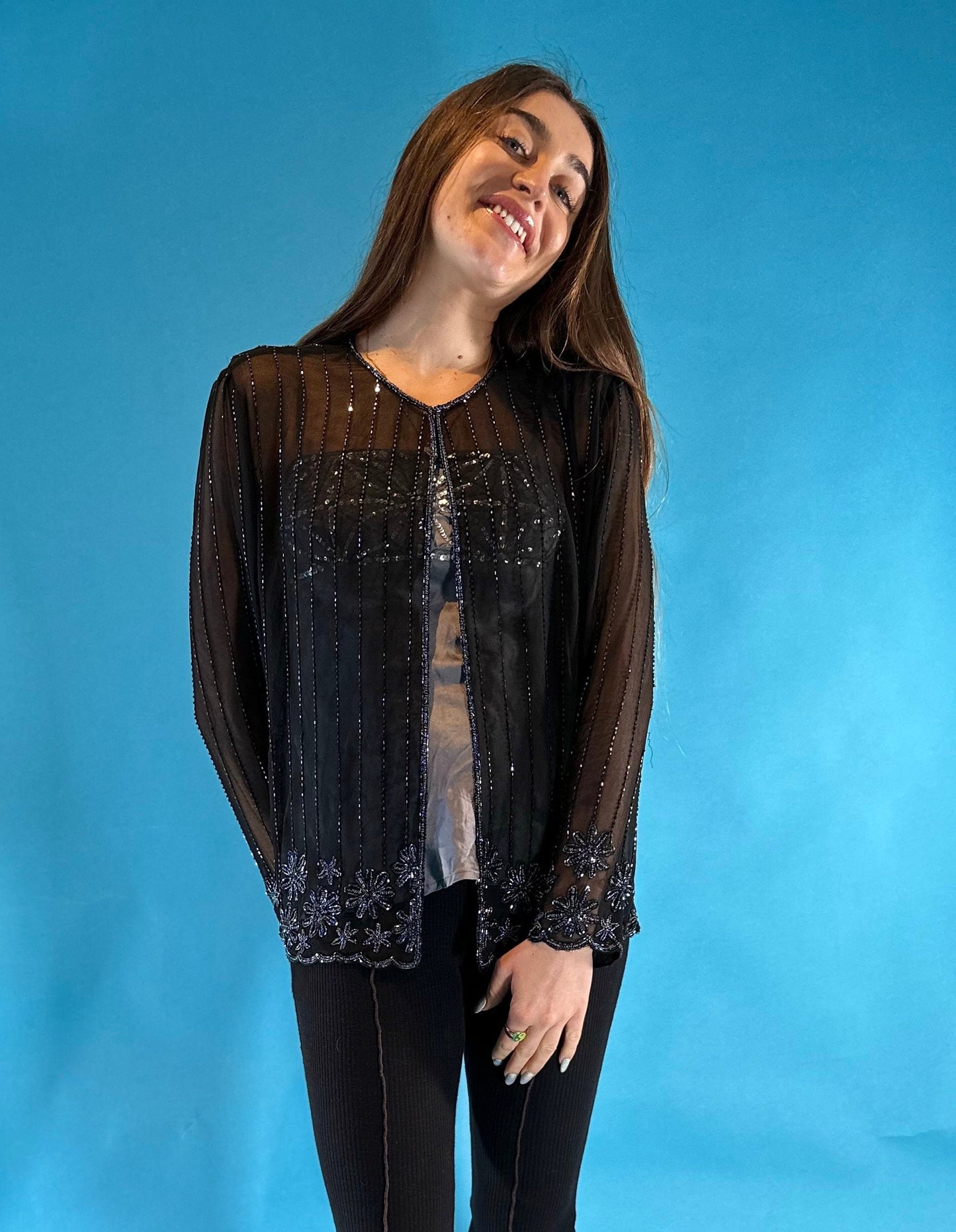 Vintage 80s Black Sequin Evening Top.