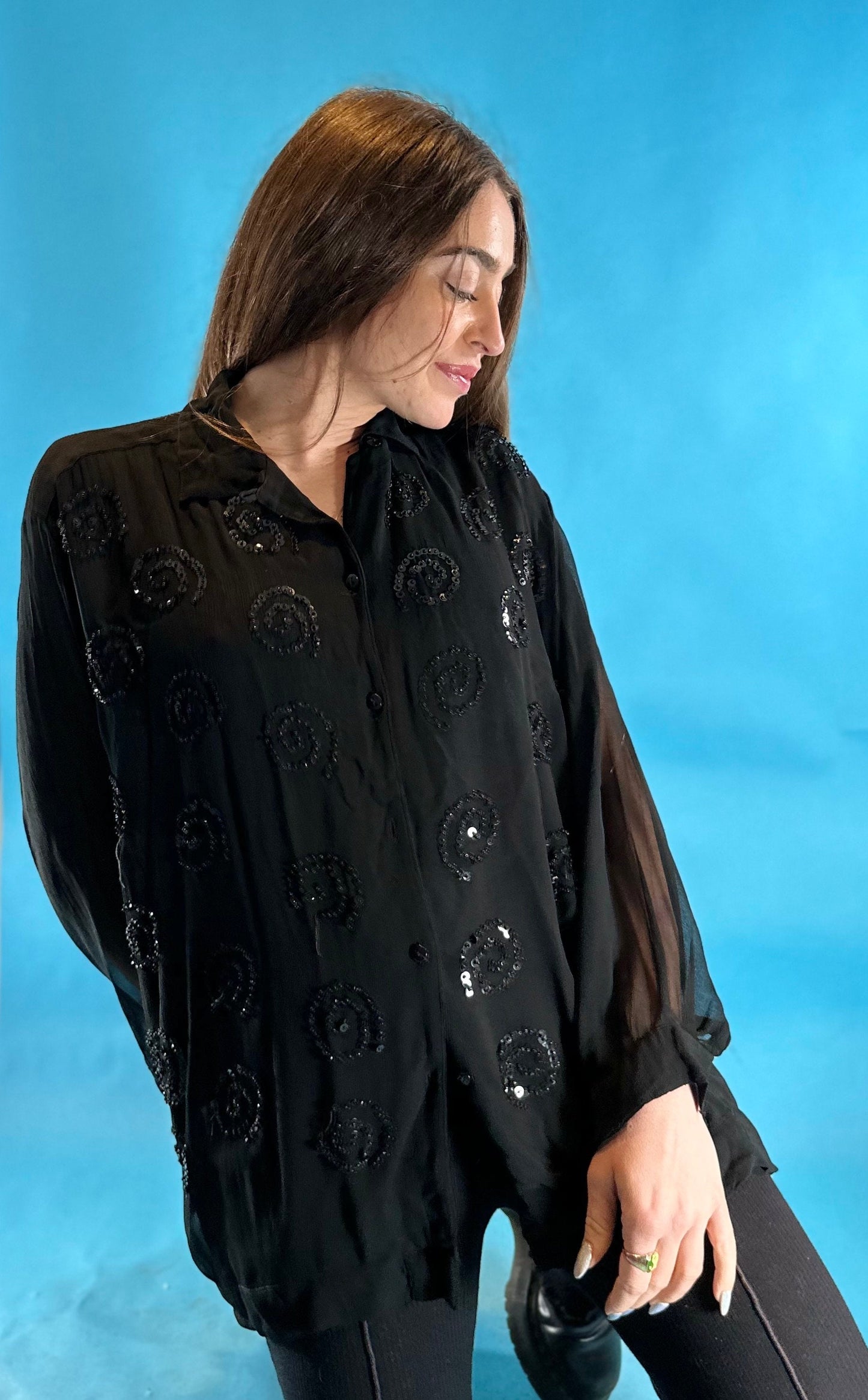 Vintage Long Sleeve Black Sheer Shirt.