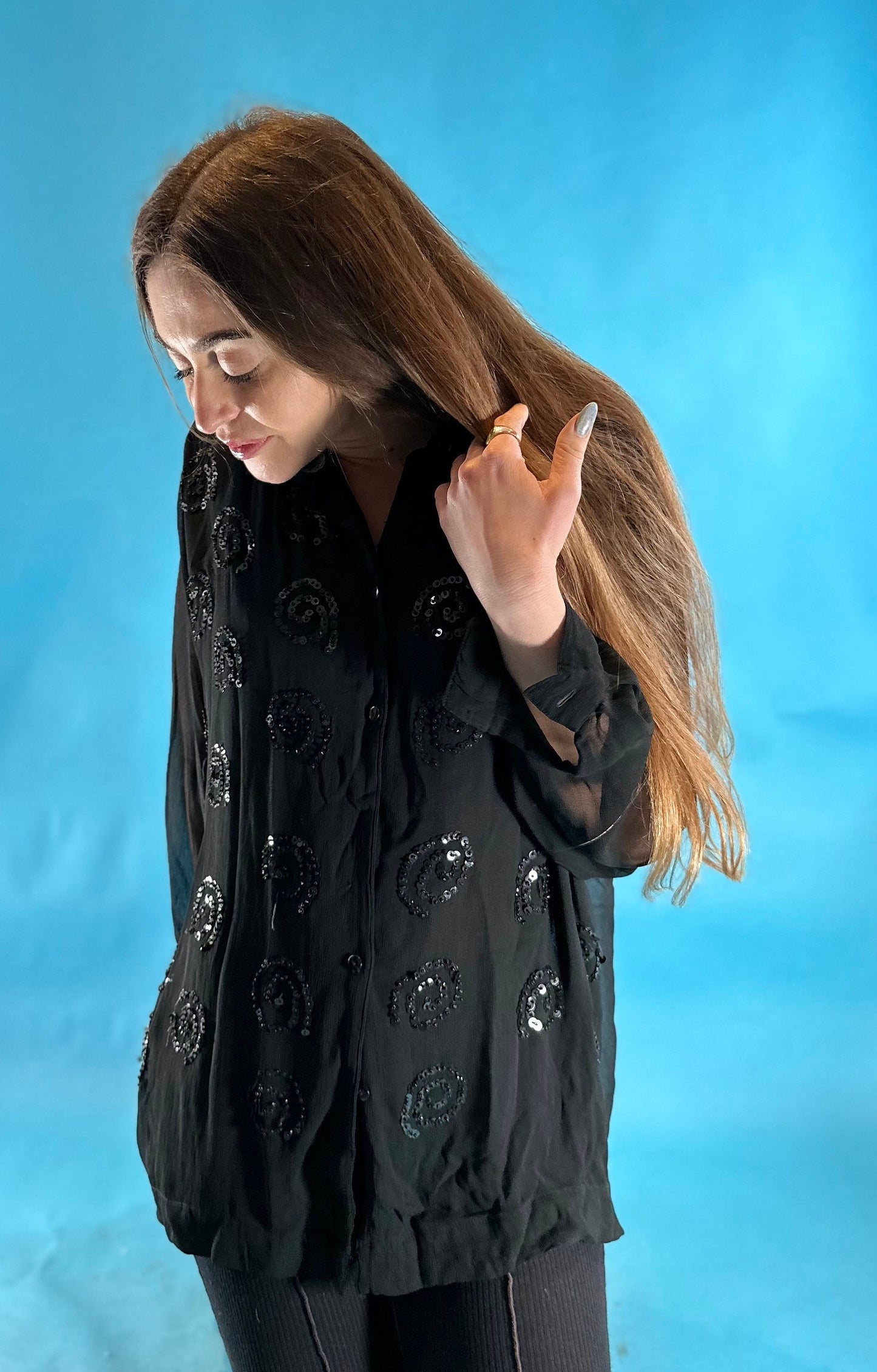 Vintage Long Sleeve Black Sheer Shirt.