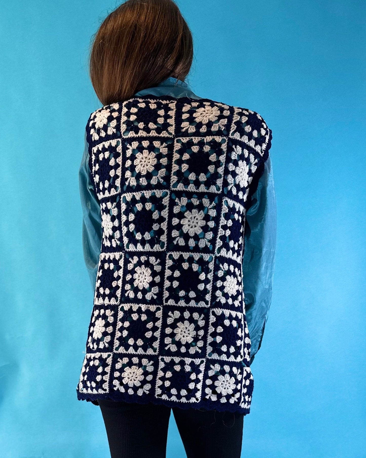 Vintage 1970s Handmade Navy Crochet Waistcoat.
