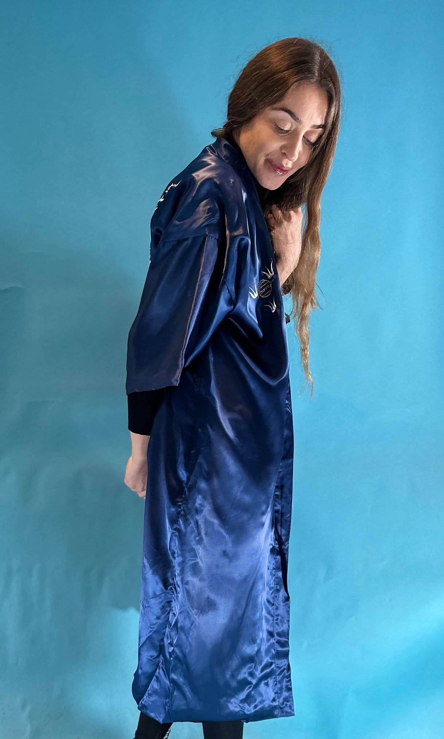 Authentic Vintage Navy Satin Kimono Style Robe with Intricate Dragon Embroidery.