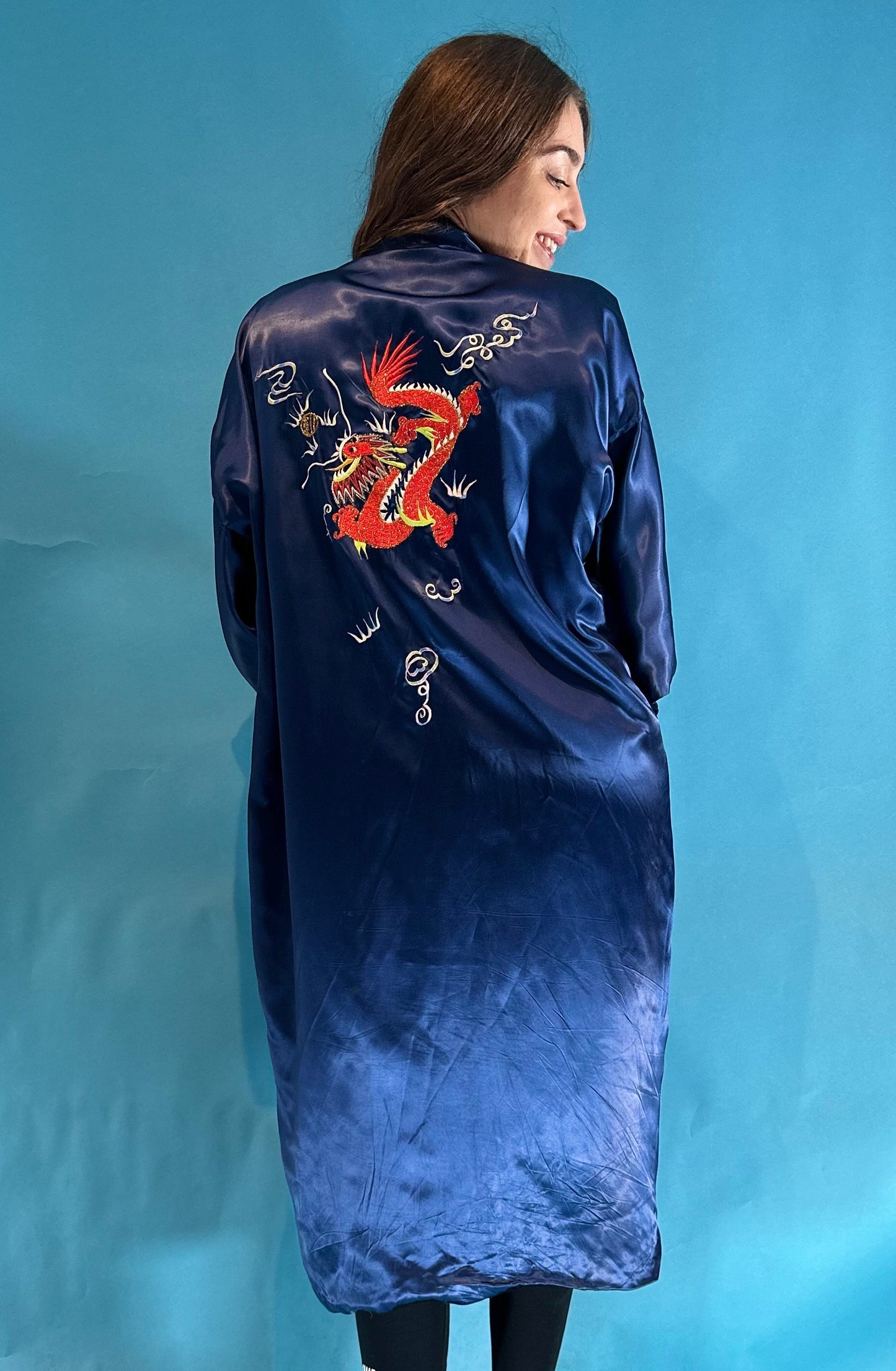 Authentic Vintage Navy Satin Kimono Style Robe with Intricate Dragon Embroidery.