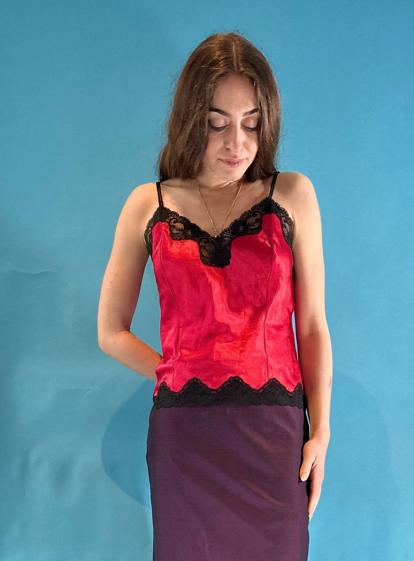 Vintage Y2K Red Satin Cami Slip Top with Lace Trim.