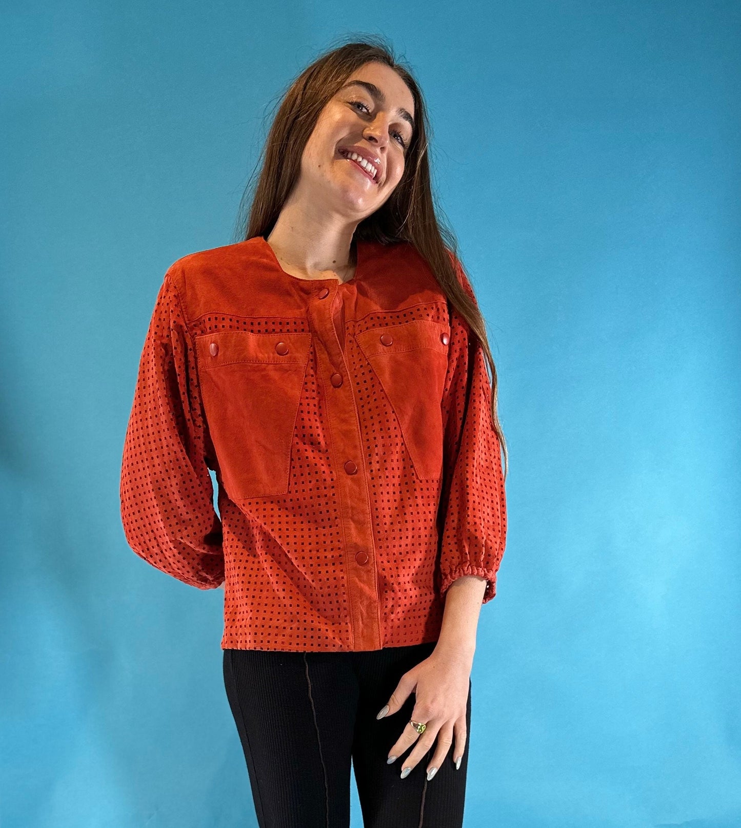 Vintage 1980s Red Suede Button Down Leather Jacket.