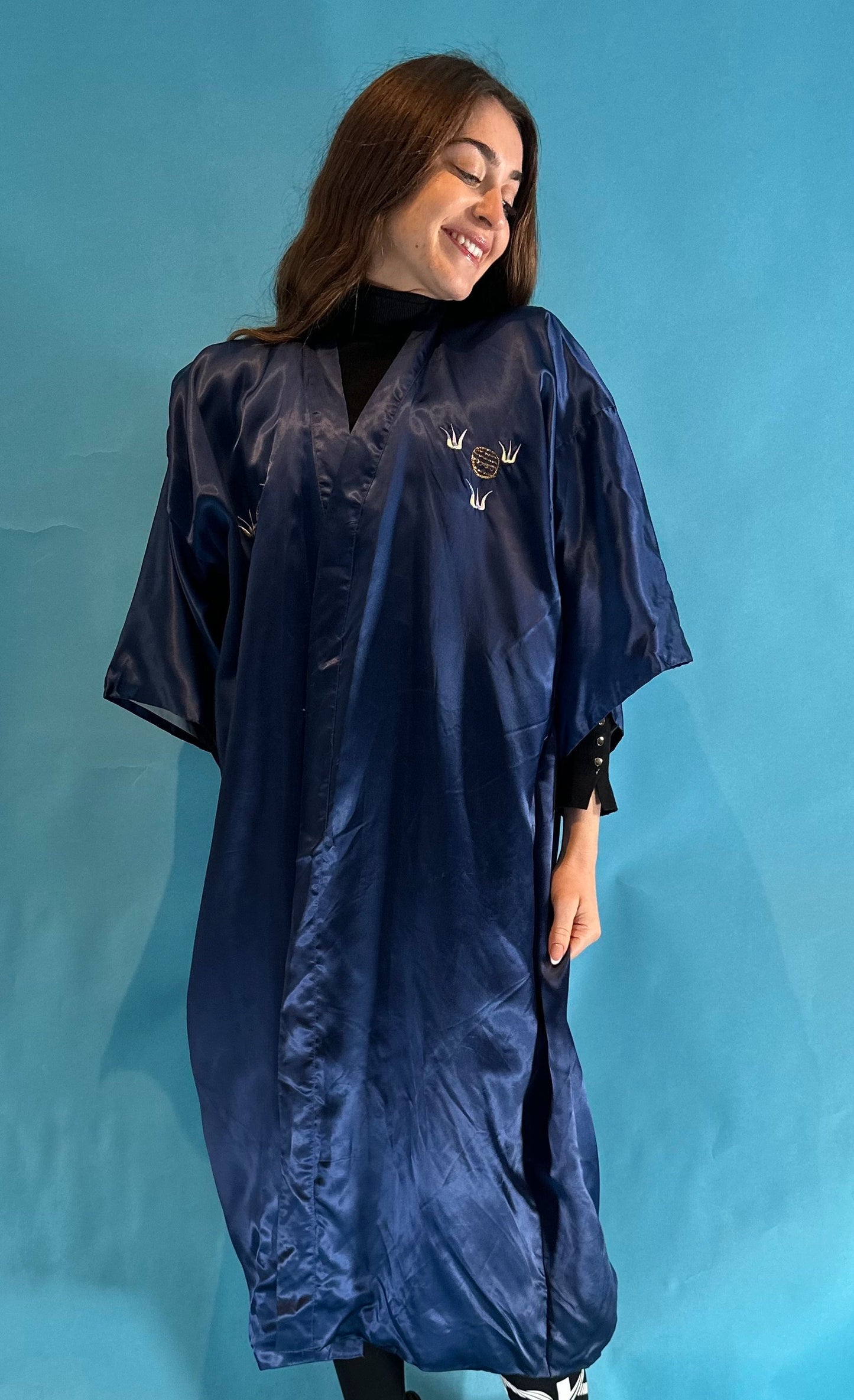 Authentic Vintage Navy Satin Kimono Style Robe with Intricate Dragon Embroidery.