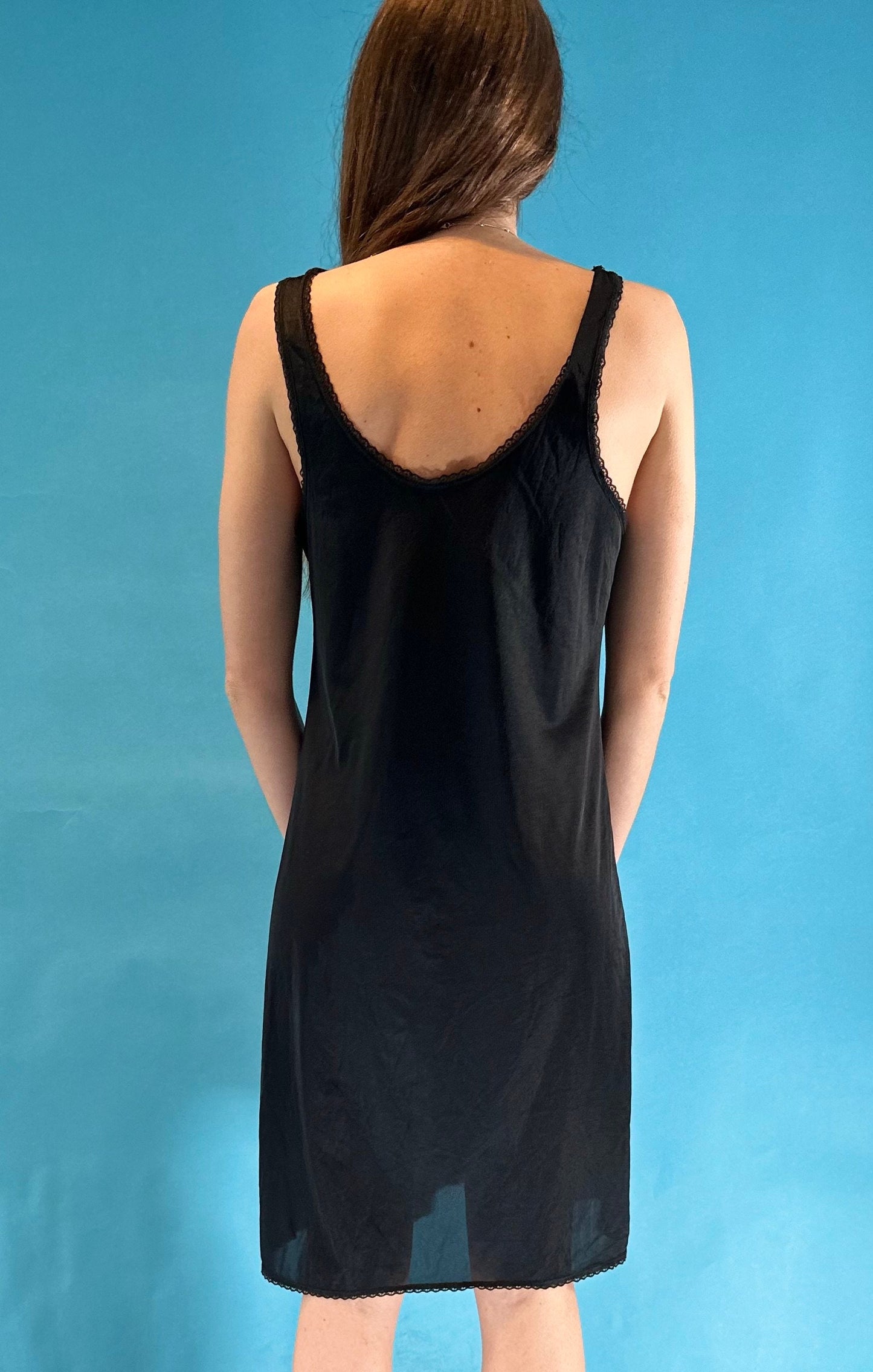 Vintage Y2K Black Slip Dress with Lace Trim.
