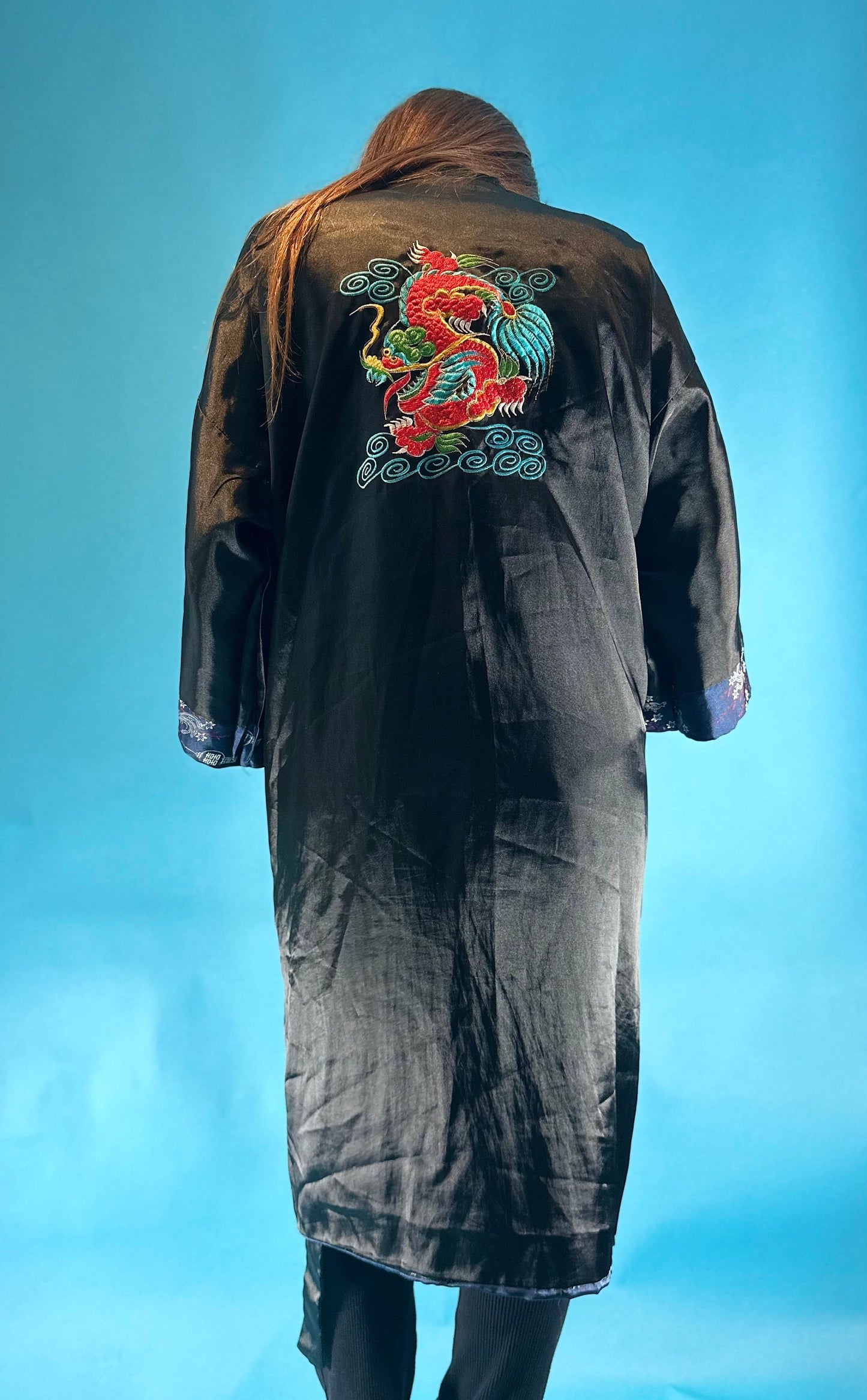 Vintage 1980s Satin Jacquard Floral and Embroidered Dragon Reversible Japanese Kimono Style Robe.