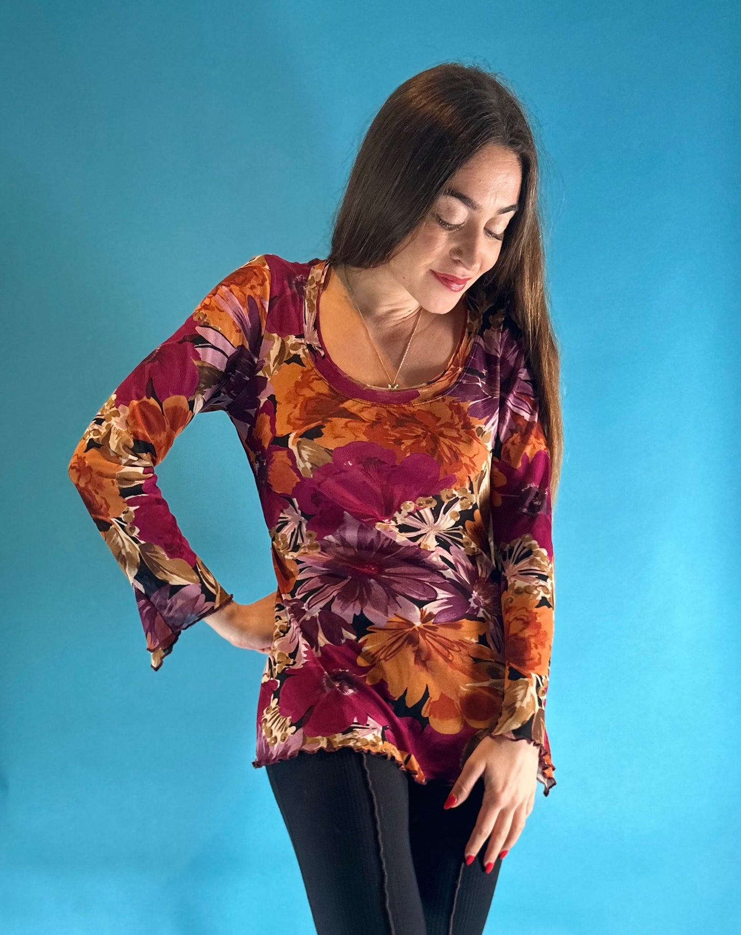 Vintage Y2K Pink Red Purple Floral Print Mesh Top Long Flounced Sleeves.