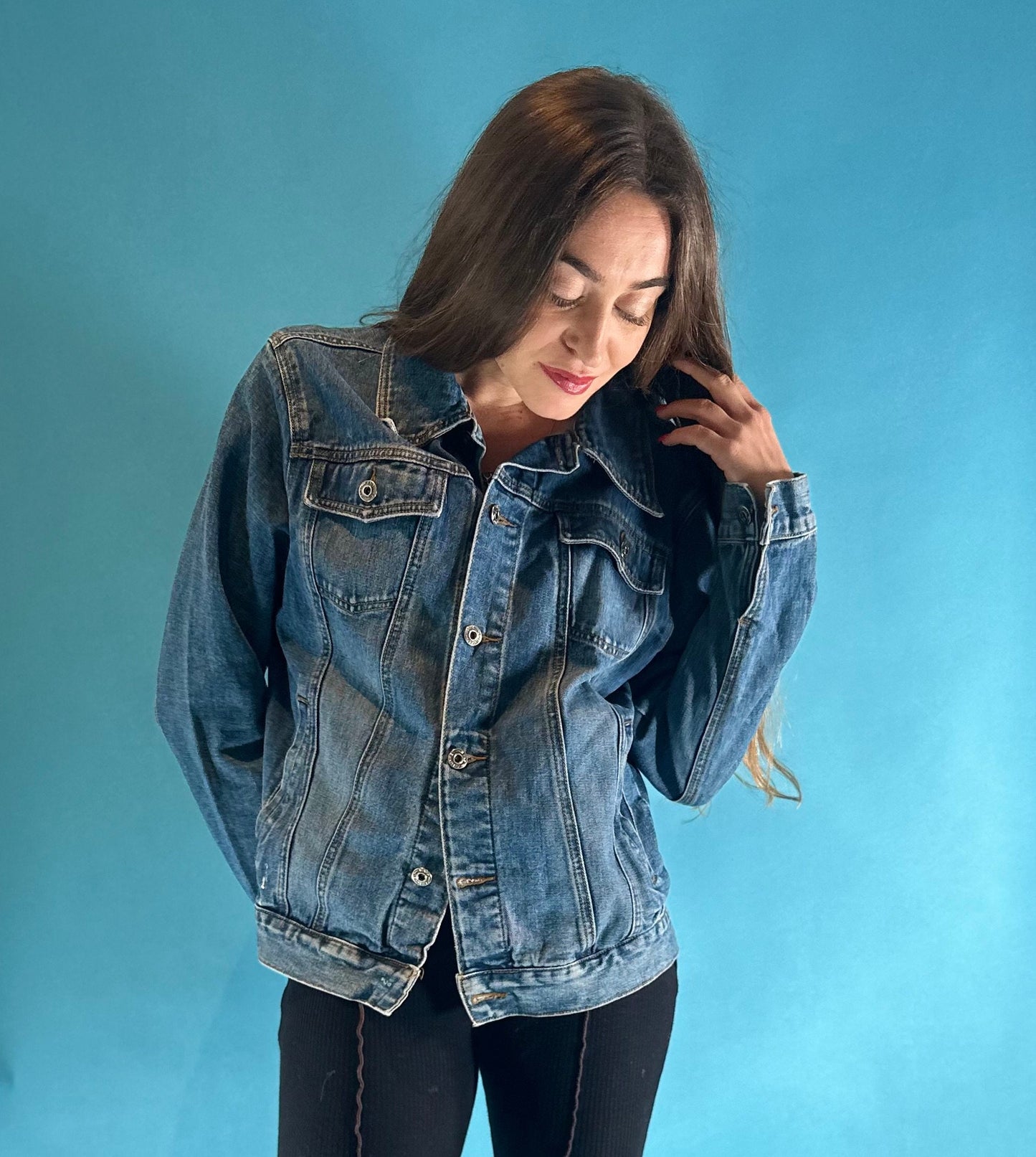 Vintage 1990s Boxy Trucker Denim Jacket with Custom Painted Cartoon Face.