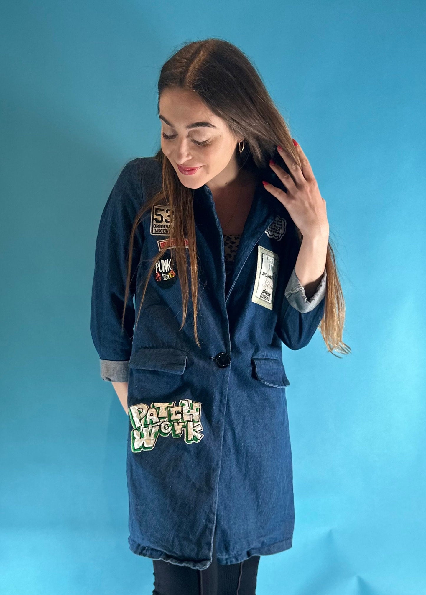 Vintage Y2K 2000s Custom Pop Art Patchwork Longline Blue Denim Lapel Jacket.