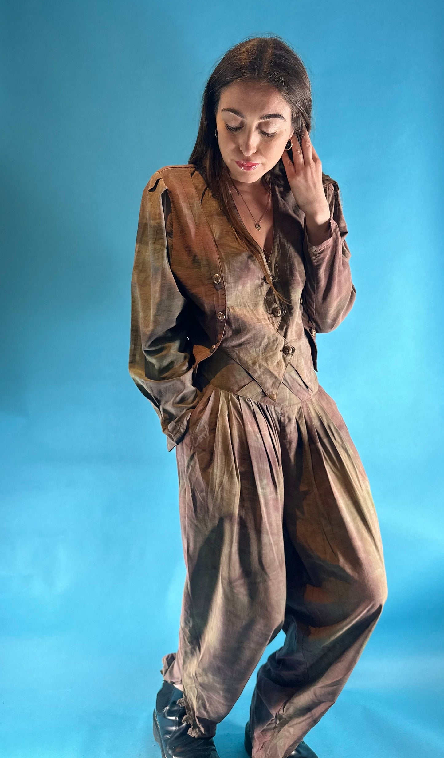 Vintage 1980s Tie Dye Style 2 Piece Blouse Trouser Set Co-ord.