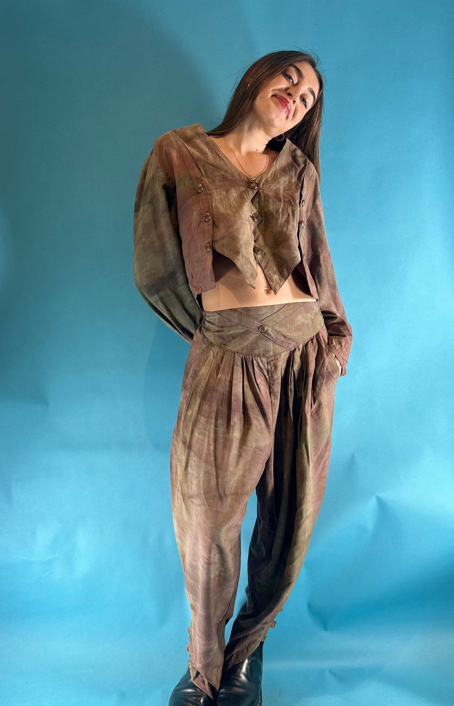 Vintage 1980s Tie Dye Style 2 Piece Blouse Trouser Set Co-ord.